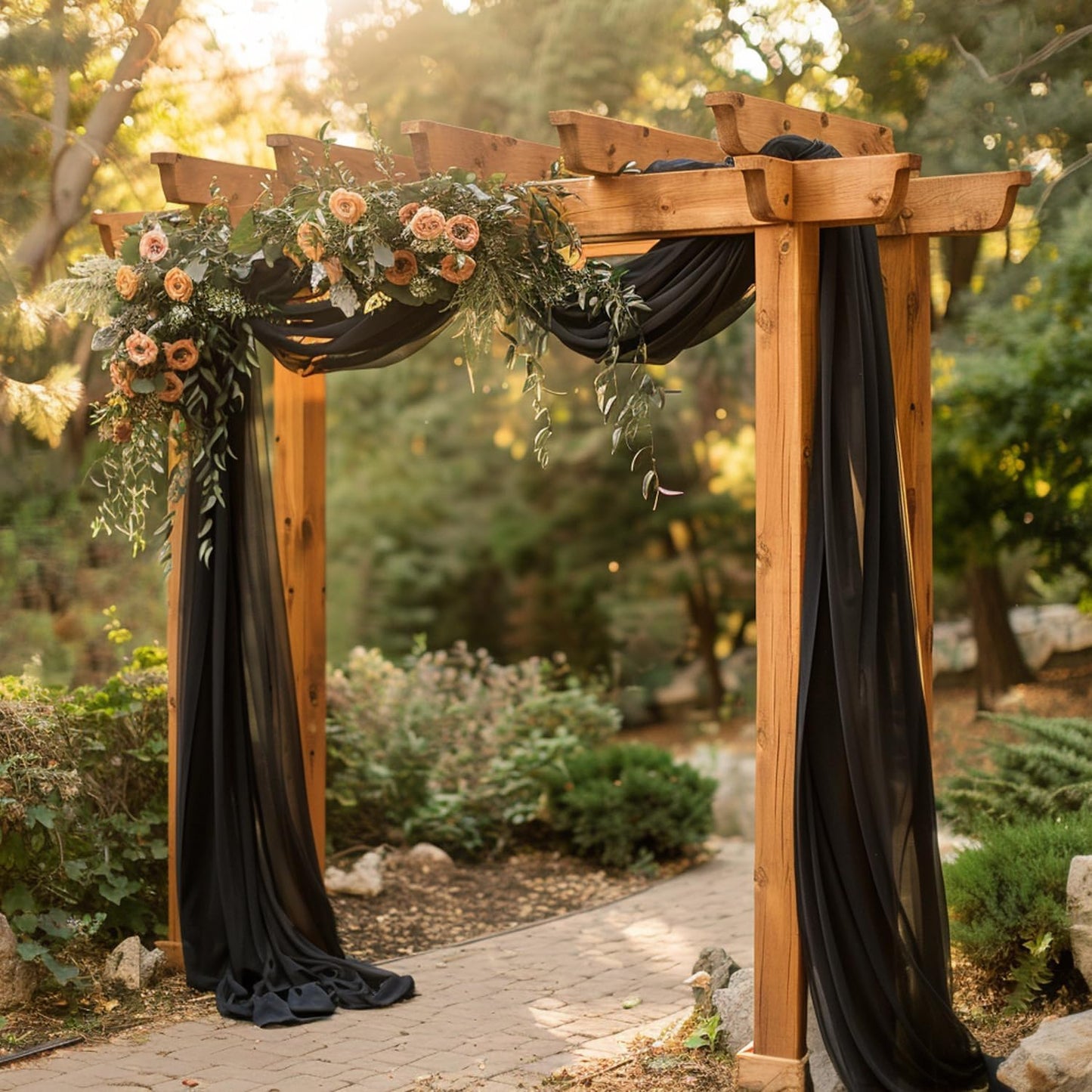 Wokceer Wedding Arch Draping Fabric - 6 Panels, 28.7" x 20FT Black Sheer Drapes for Wedding Ceremony, Birthday Party, Bridal Shower Decoration