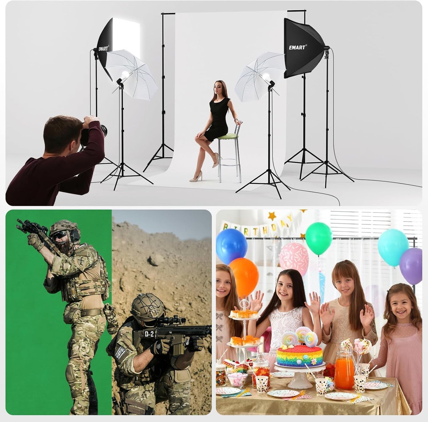 EMART 8.5 x 10 ft Backdrop Support System, Professional Photography Lighting Kit with 50W LED Bulb, Reflector, 6 * 9ft Backdrop *3, Umbrellas&Softbox Lighting Kit for Studio, Portrait, Video Shooting