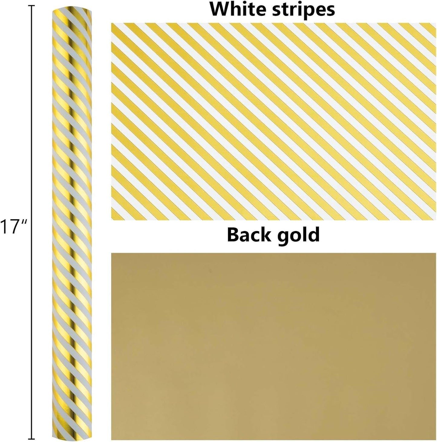 Burymento Platinum Stripe Wrapping Paper, Reversible Gold Gift Wrap for Birthday, Valentines, Mothers day, Graduation, Wedding, Fathers day, Baby Shower, Christmas (17in x 32.8ft)