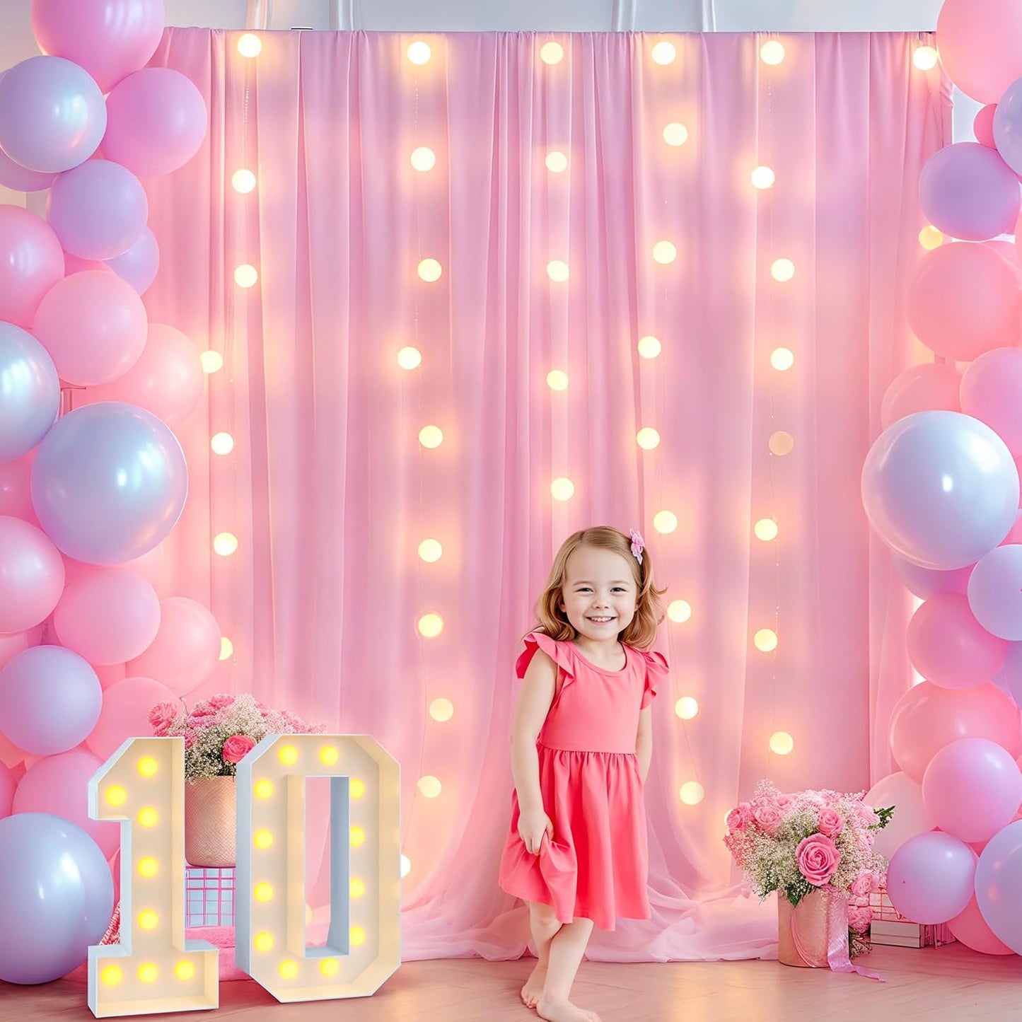 Pink Backdrop Curtains with Lights for Parties,10x10FT Wrinkle Free Polyester Wedding Photo Backdrop Curtains for Baby Shower Birthday Ceremony Reception Home Party Decorations-5ft x 10ft,2 Panels