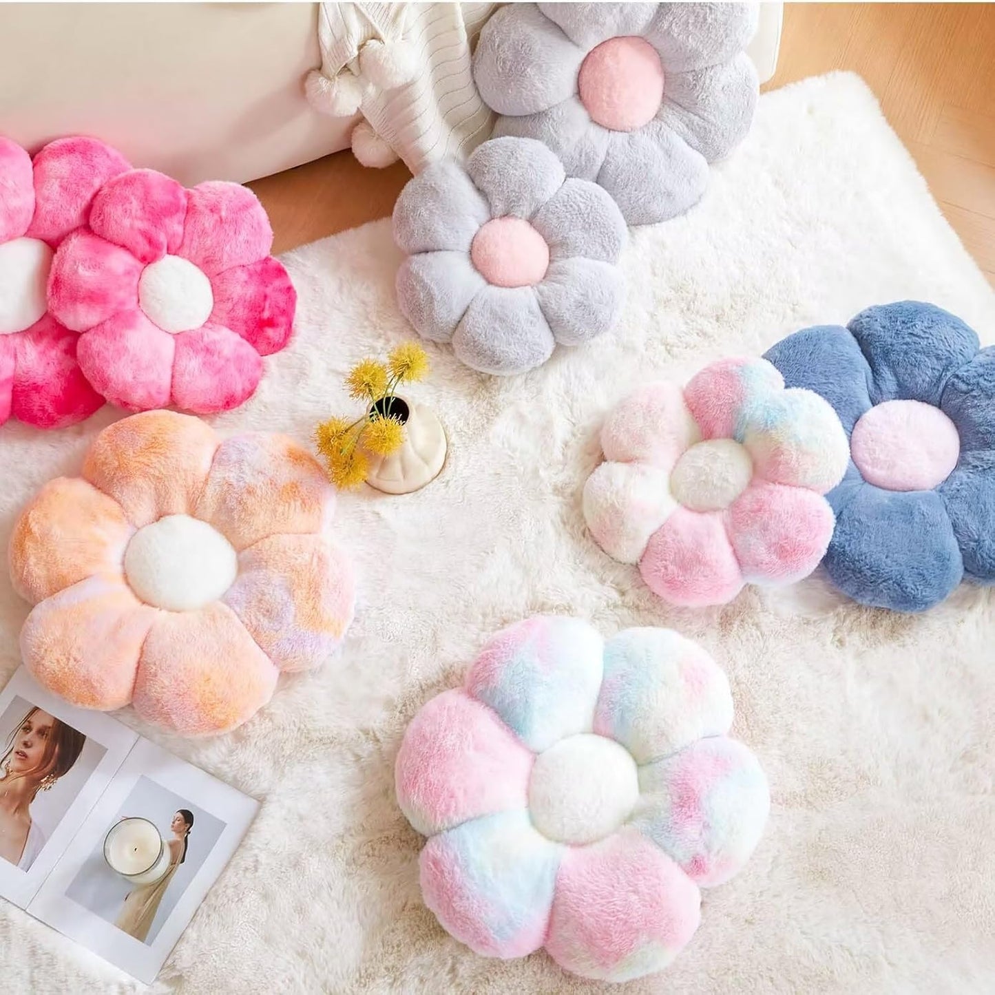 Dusty Blue Flower Shaped Throw Pillow With Faux Rabbit Fur, 19.6" Soft Plush Floor Pillow, Cute Decorative Room Decor for Bedroom Living Room