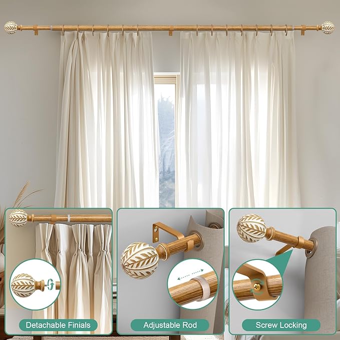 QDWIS Boho Wood Curtain Rods for Windows 28 to 48 inch, Rustic Decorative - Image 9