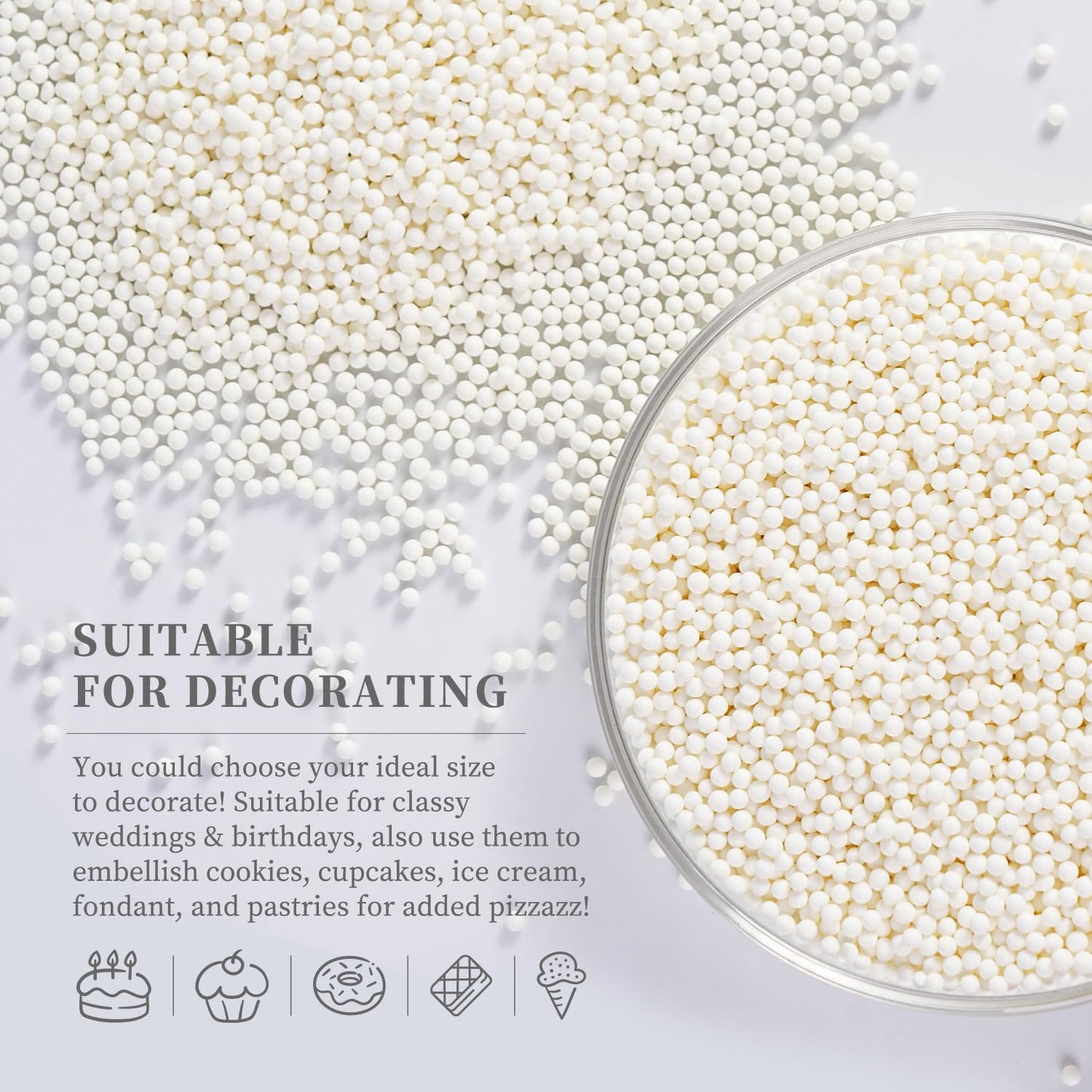 White Nonpareils Sprinkles, Edible 2mm Pearl, White Sprinkles for Cake Decorating, Cake Pops, Cupcakes, Cookies, Macaron, and Ice Cream(120g/4.23oz)