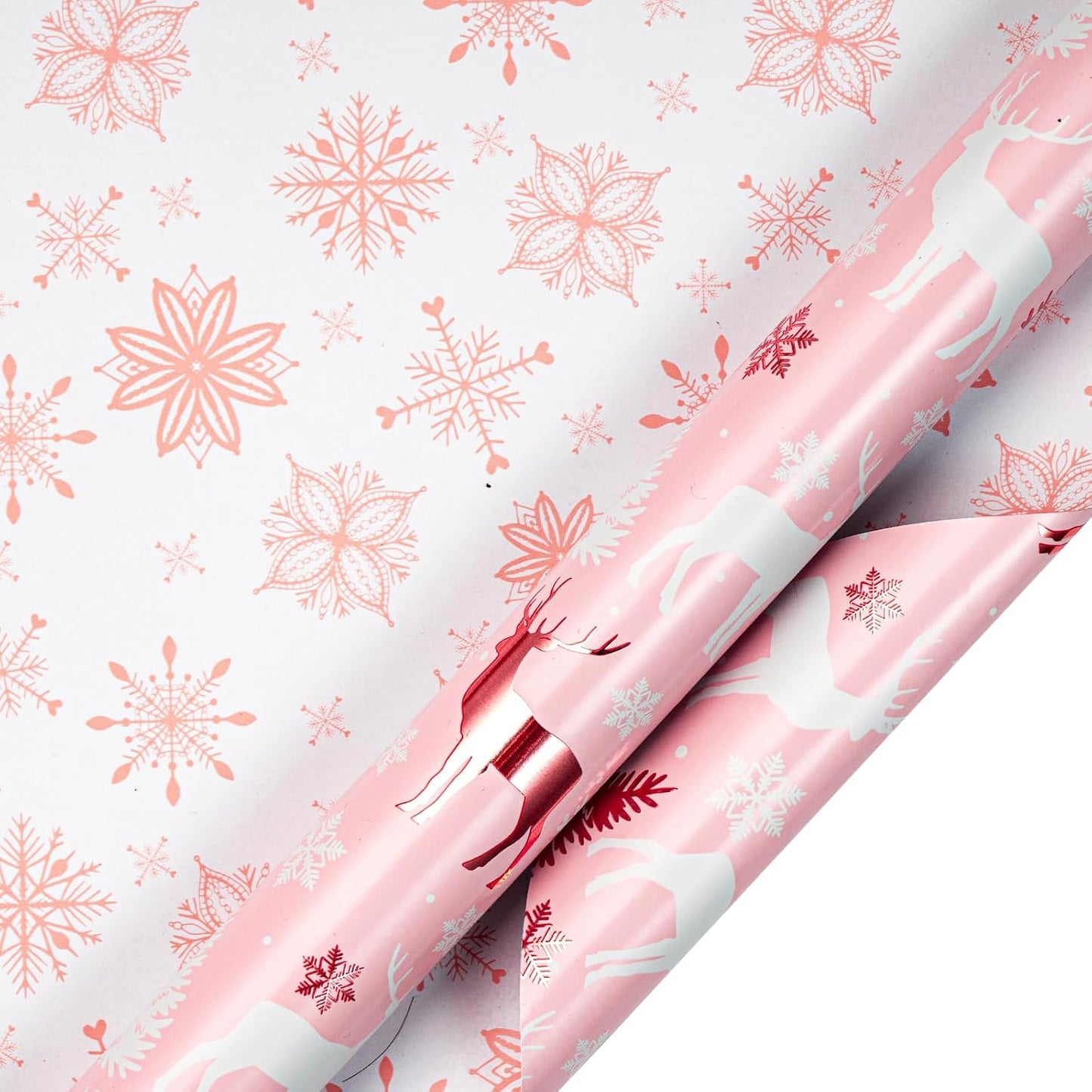 LeZakaa Christmas Pink Wrapping Paper Mini Roll, Reindeer & Snowflake, Metallic Foil, Rose Gold Foil Reversible Design for Festive Winter Holiday, Family Gathering, 17 inches x 32.8 Feet