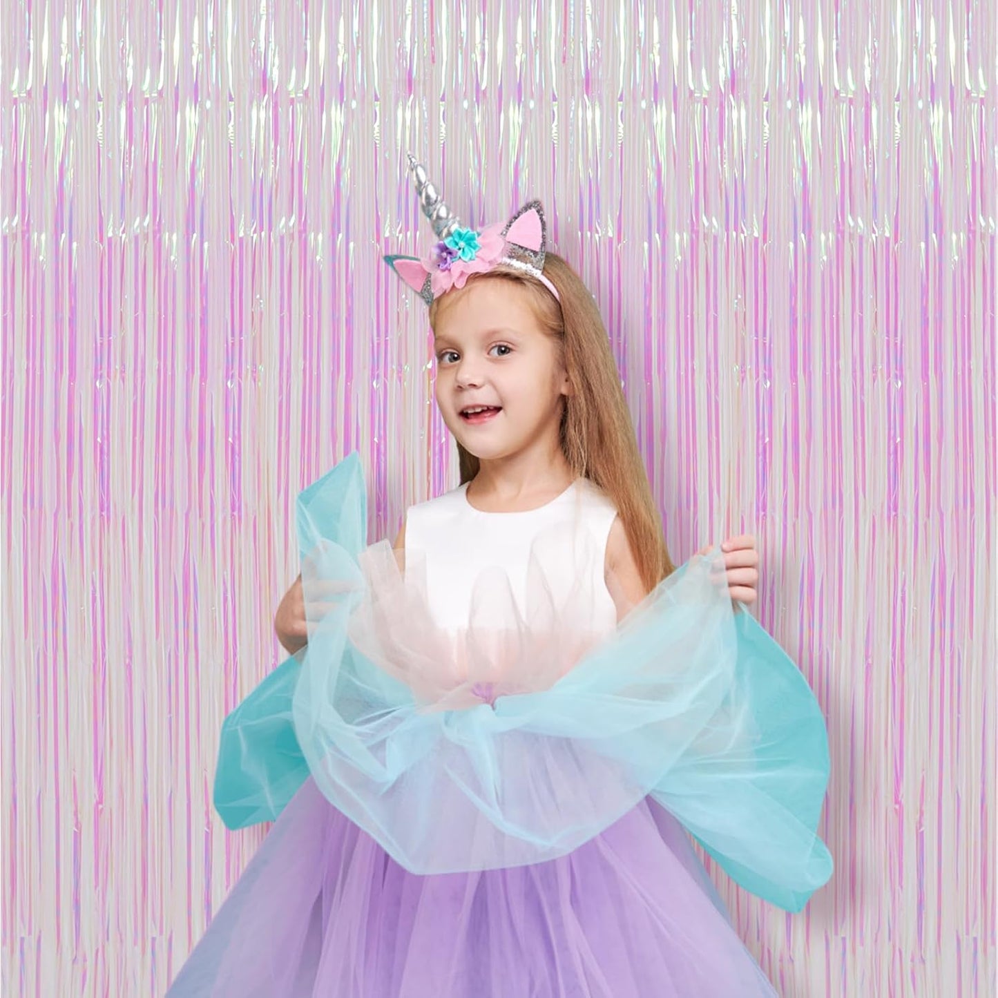 2 Pack Iridescent Transparent Foil Fringe Backdrop Curtains, Tinsel Streamers Birthday Party Decorations, Fringe Backdrop for Graduation, Baby Shower, Gender Reveal, Disco Party