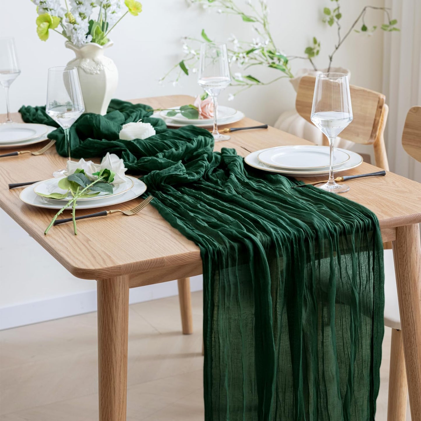 Asee'm 6PCS Table Runner Cheesecloth 10FT Emerald Green Boho Gauze Fabric Rustic Sheer Cheese Cloth Runners for Wedding Bridal Shower Party