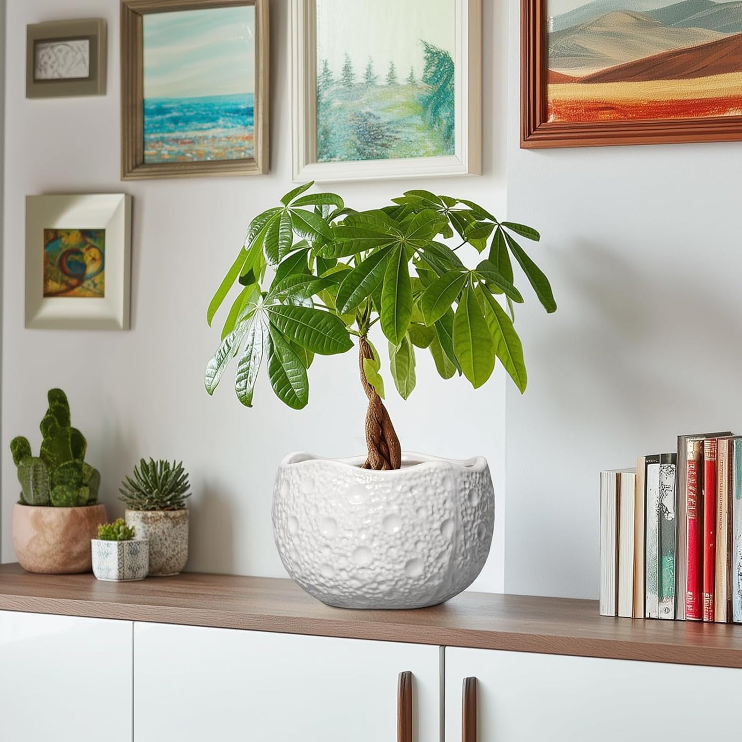 Ceramic Plant Pot - 8 Inch Round Planter with Drainage Hole, Decorative Plant Pots for Indoor Outdoor Plants, Modern Unique Flower Pots, House Living Room Decor, Housewarming Gifts, White