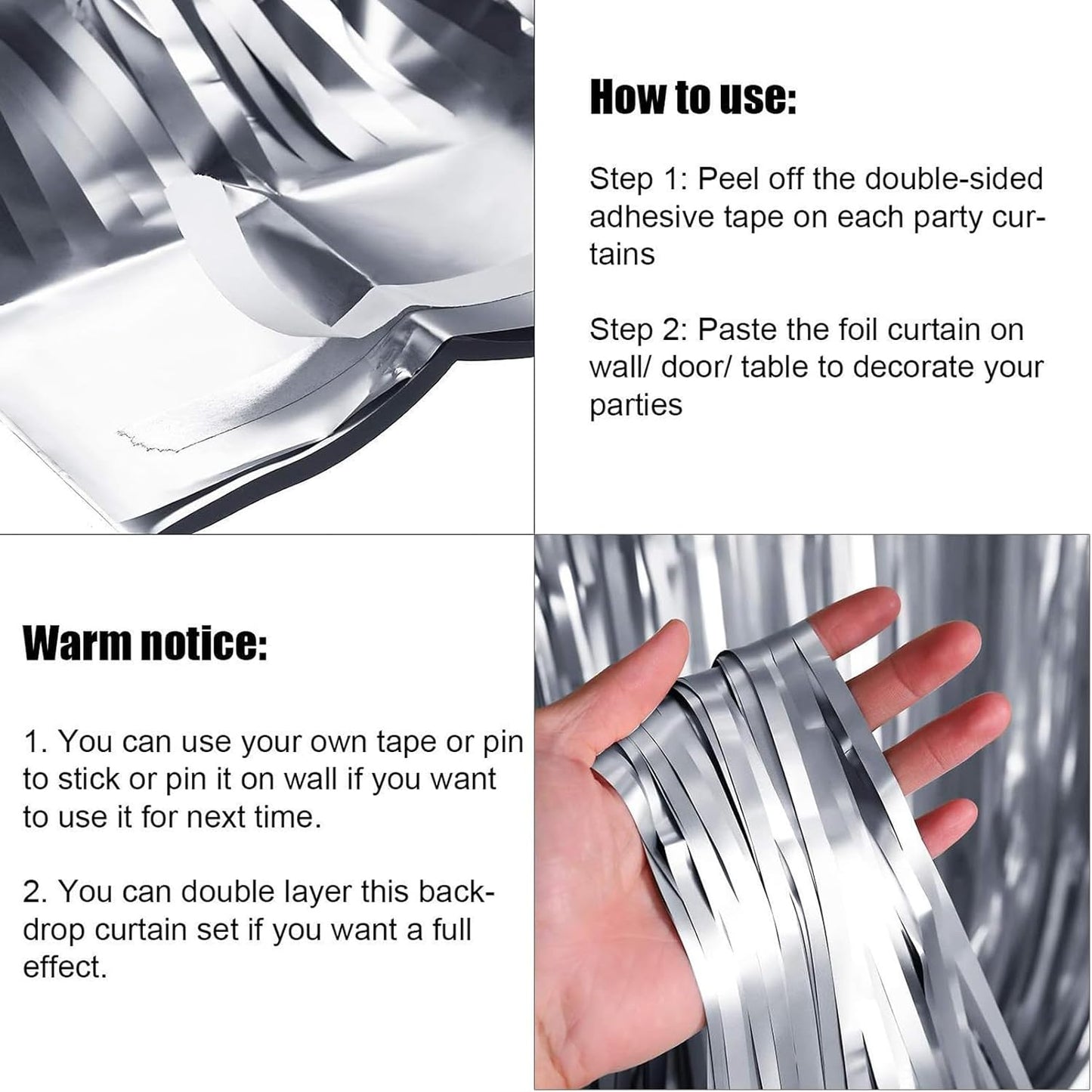 BEISHIDA 4 Pcs Silver Door Streamers Tinsel Curtain Party Streamers Backdrop Fringe Foil Wall Background for Birthday Halloween Christmas Wedding Party Decoration(3.28 ft x 6.56 ft)