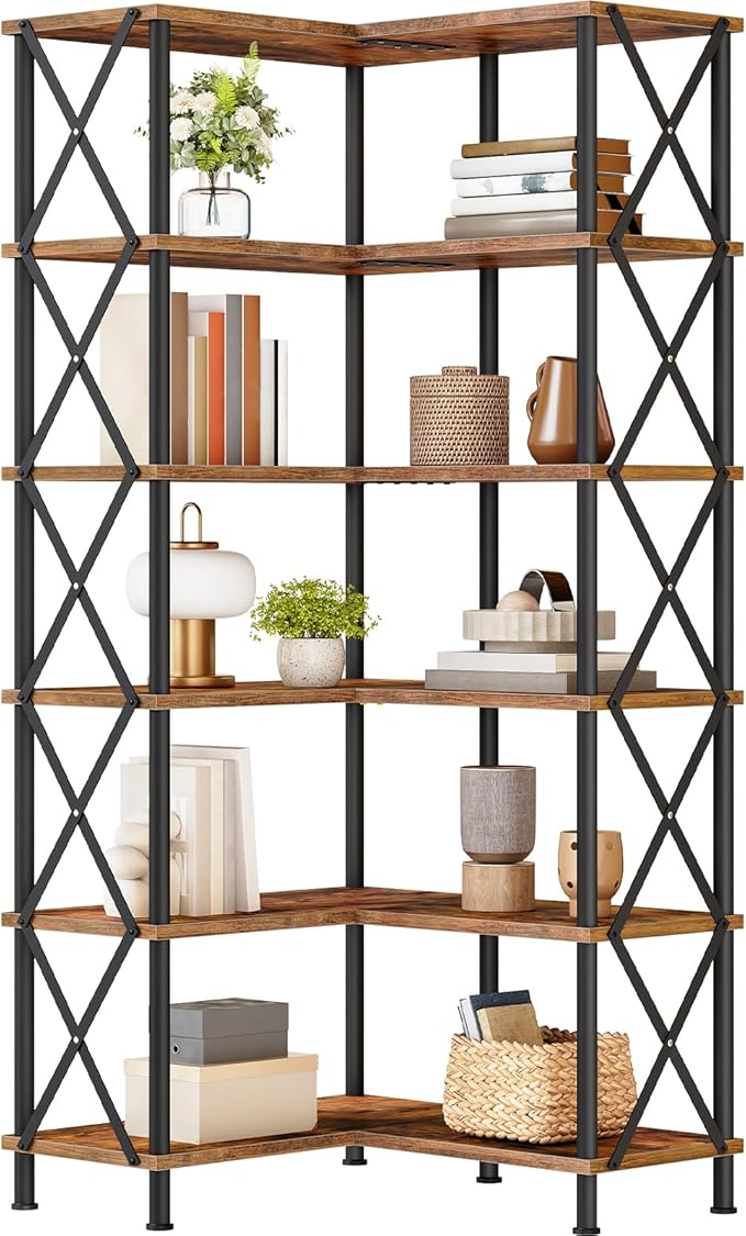 HOOBRO Corner Bookshelf, 6-Tier L-Shaped Bookcase, Industrial Open Display - Image 9
