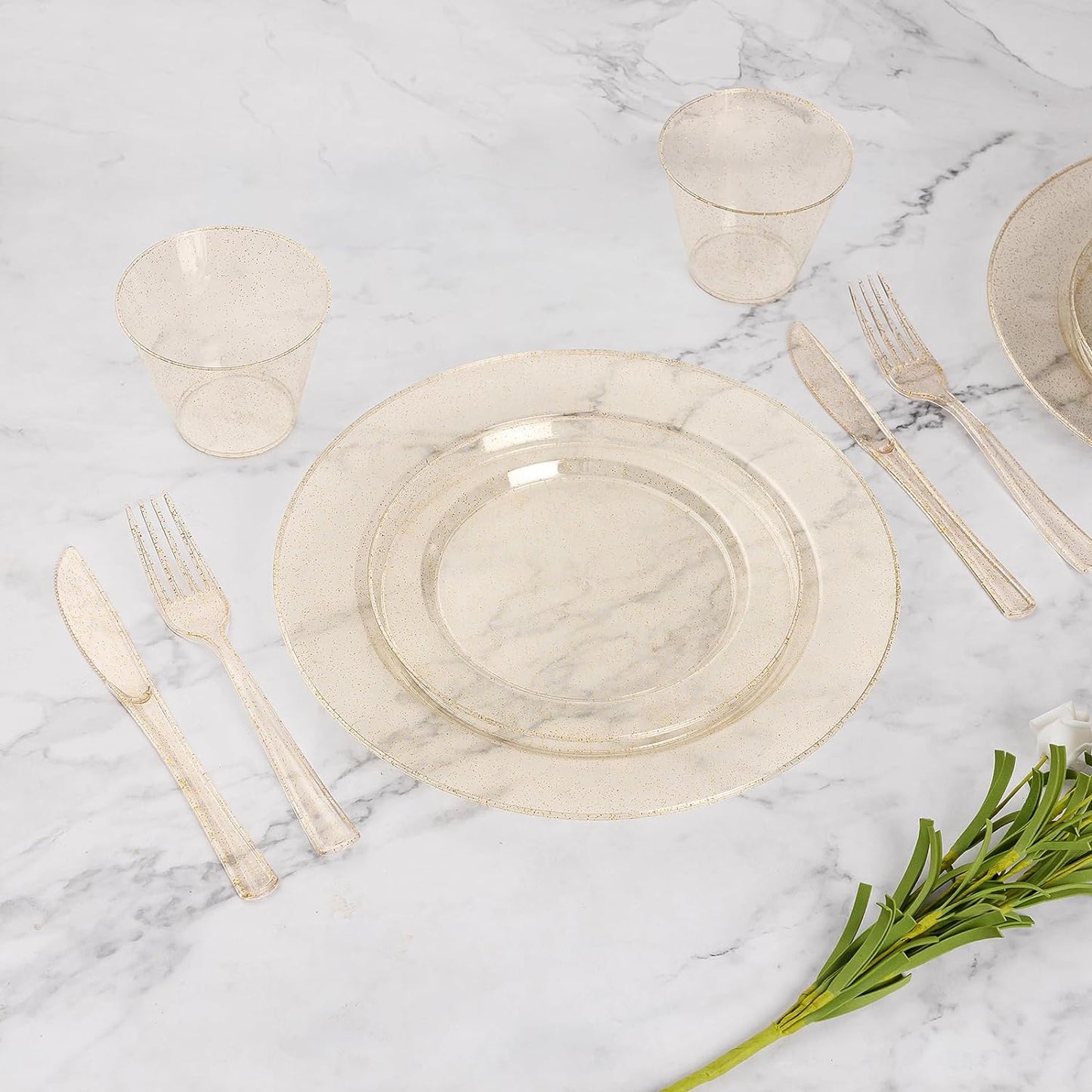 Goodluck 175 Piece Gold Glitter Plastic Dinnerware Set for 25 Guests, Fancy Disposable Plates for Party, Include: 25 Dinner Plates, 25 Dessert Plates, 25 Pre Rolled Napkins with Silverware, 25 Cups
