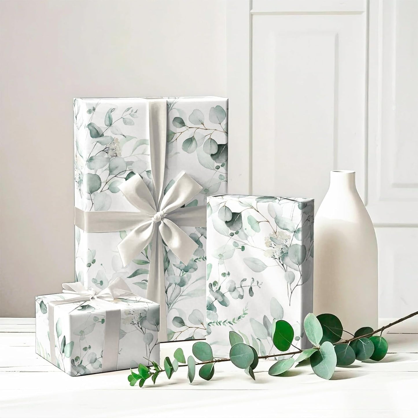 WRAPAHOLIC Eucalyptus Leaves Wrapping Paper Roll - Mini Roll - 17 Inch x 33 Feet - Eucalyptus Greenery Wrapping Paper Perfect for Birthday, Wedding, Bridal Shower