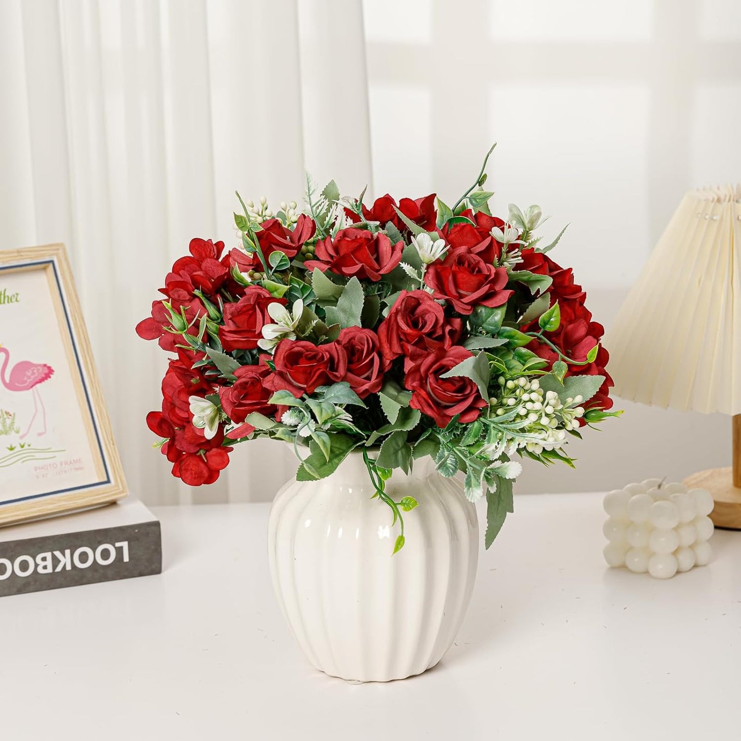 Artificial Flower 5 Branches Artificial Silk Fake Flowers Bouquet Small Roses for Wedding Home Office Tables Decor 2 Packs(Red)