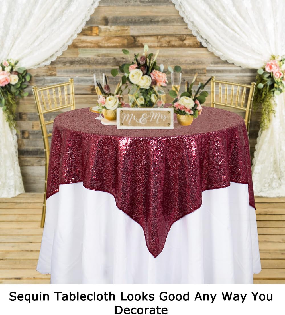 ShinyBeauty Sequin Tablecloth Wine Table Linen Burgundy Table Cover 36x36 Inches Table Overlays for Wedding Party Decor Small Square Tablecloth 36x36 for Round Tables