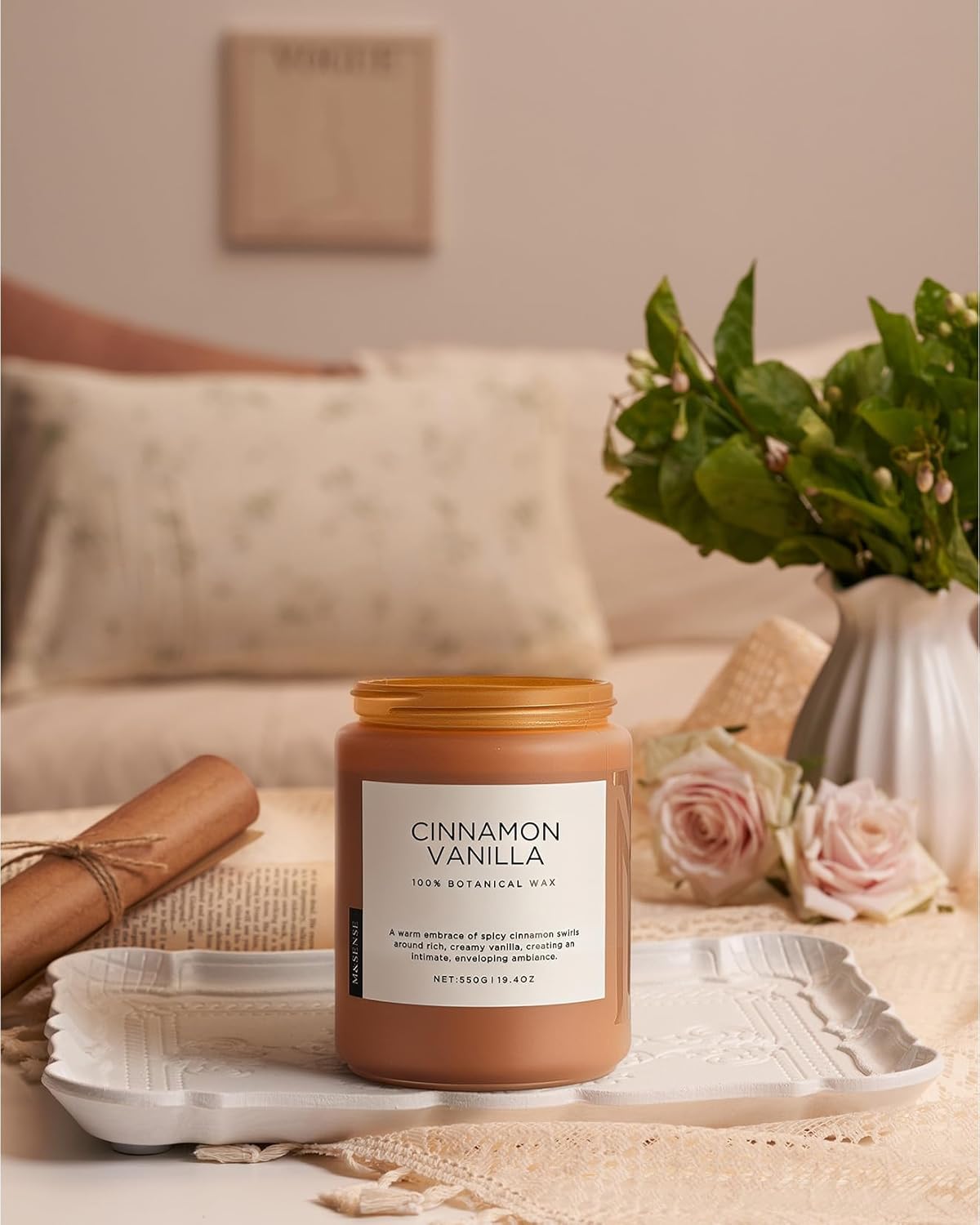 M&SENSE Cinnamon Vanilla Fall Scented Candles for Home, Natural Soy Wax 19.4oz 110 Hours Large Long Lasting Strong Scented Classic Christmas Holiday 2 Wicks Candle Gift Home Decor