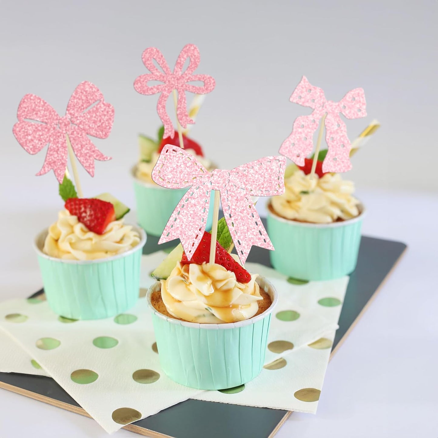 Ephlyn 24Pcs Pink Bow Cupcake Toppers Bow Birthday Cake Topper Girls Birthday Party Decorations Bowknot Cupcake Decorations for Bridal Baby Shower Birthday Wedding Themed Party Multi