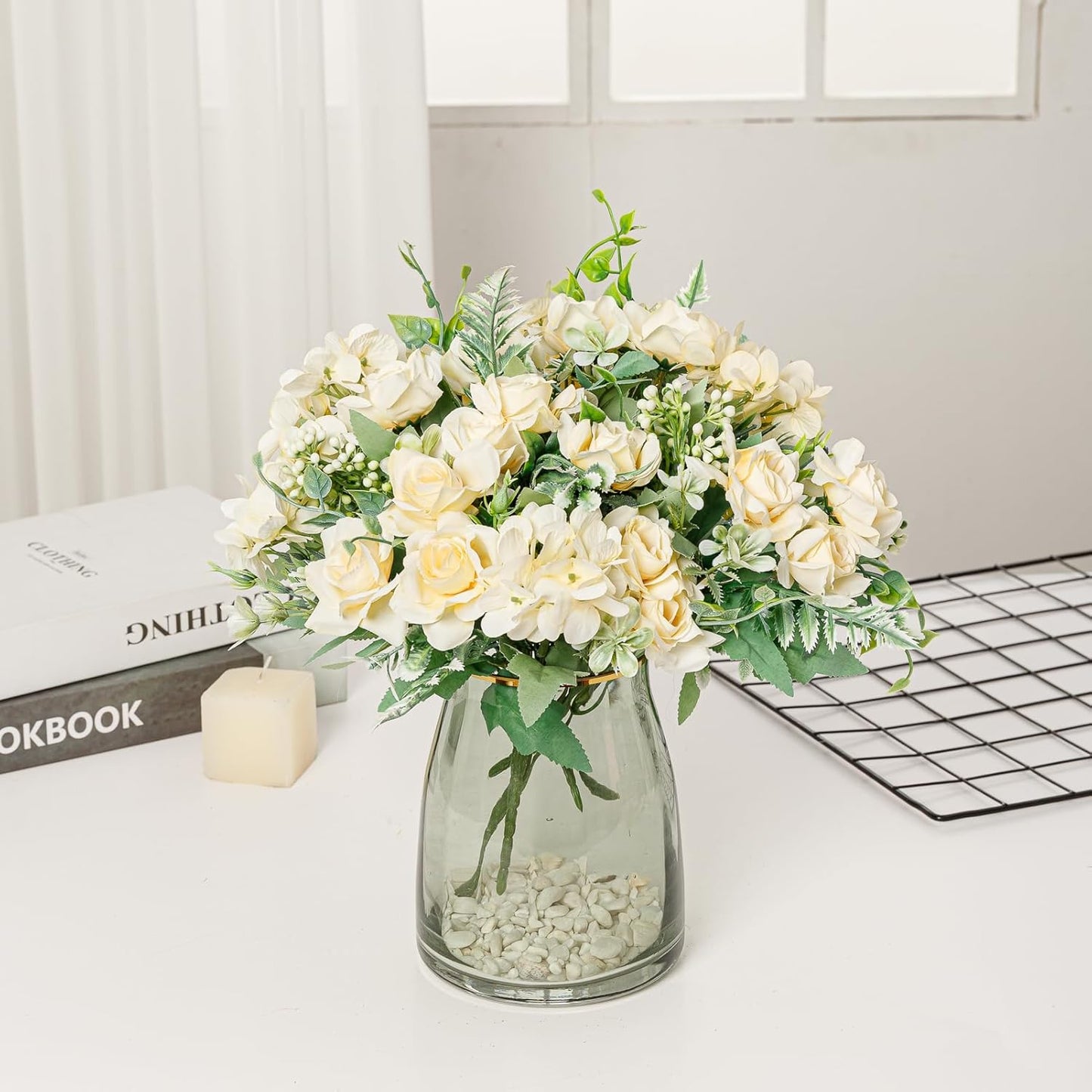 Artificial Flower 5 Branches Artificial Silk Fake Flowers Bouquet Small Roses for Wedding Home Office Tables Decor 4 Packs(Champagne)