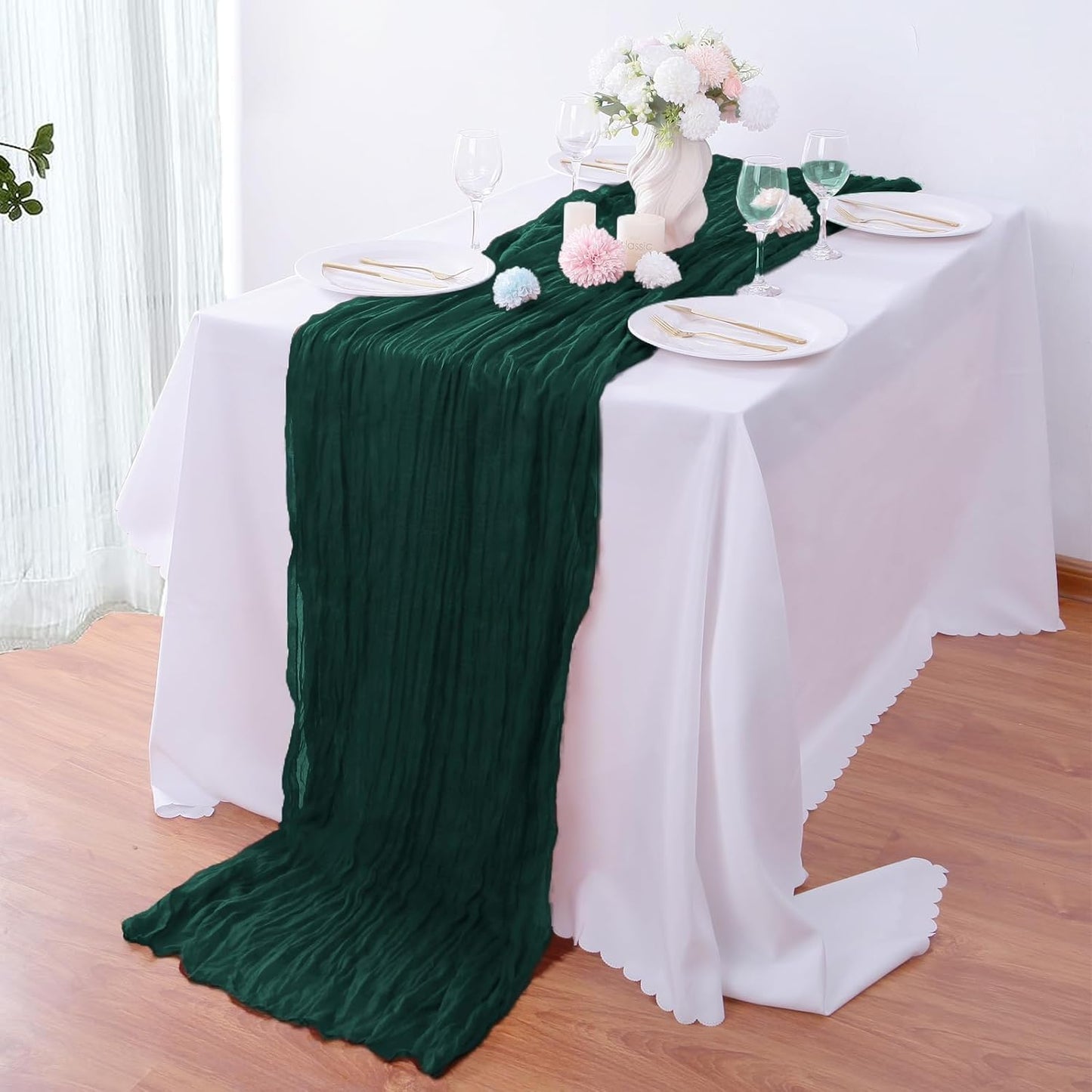 Emerald Green Cheesecloth Table Runner - 10FT x 35Inch Boho Gauze - 16PCS - Rustic Sheer Table Decor for Wedding, Party, Baby, Bridal Shower
