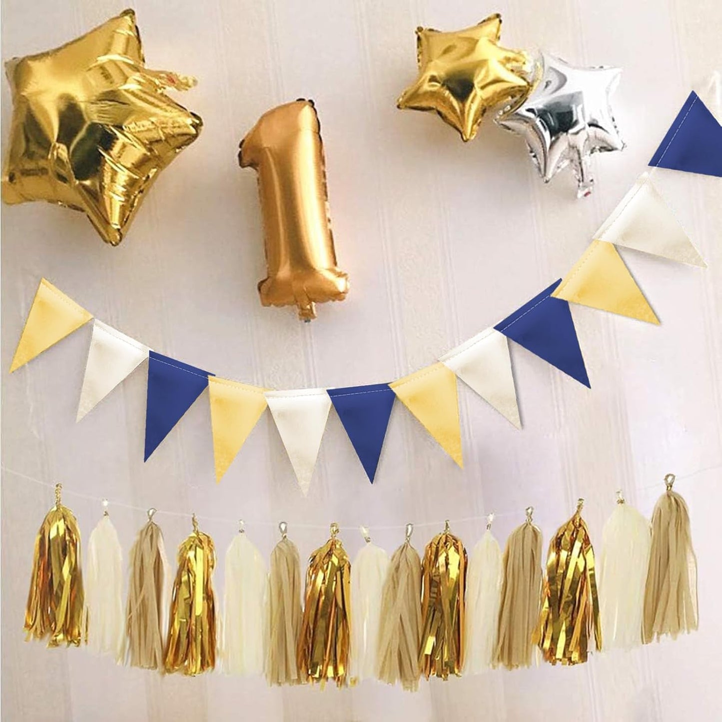 MerryNine Triangle Flag Bunting Banner, 3 Pack Vintage Style Pennant Banner for Wedding, Baby Shower, Event & Party Supplies 45pcs Flags (Navy Blue Gold Beige)