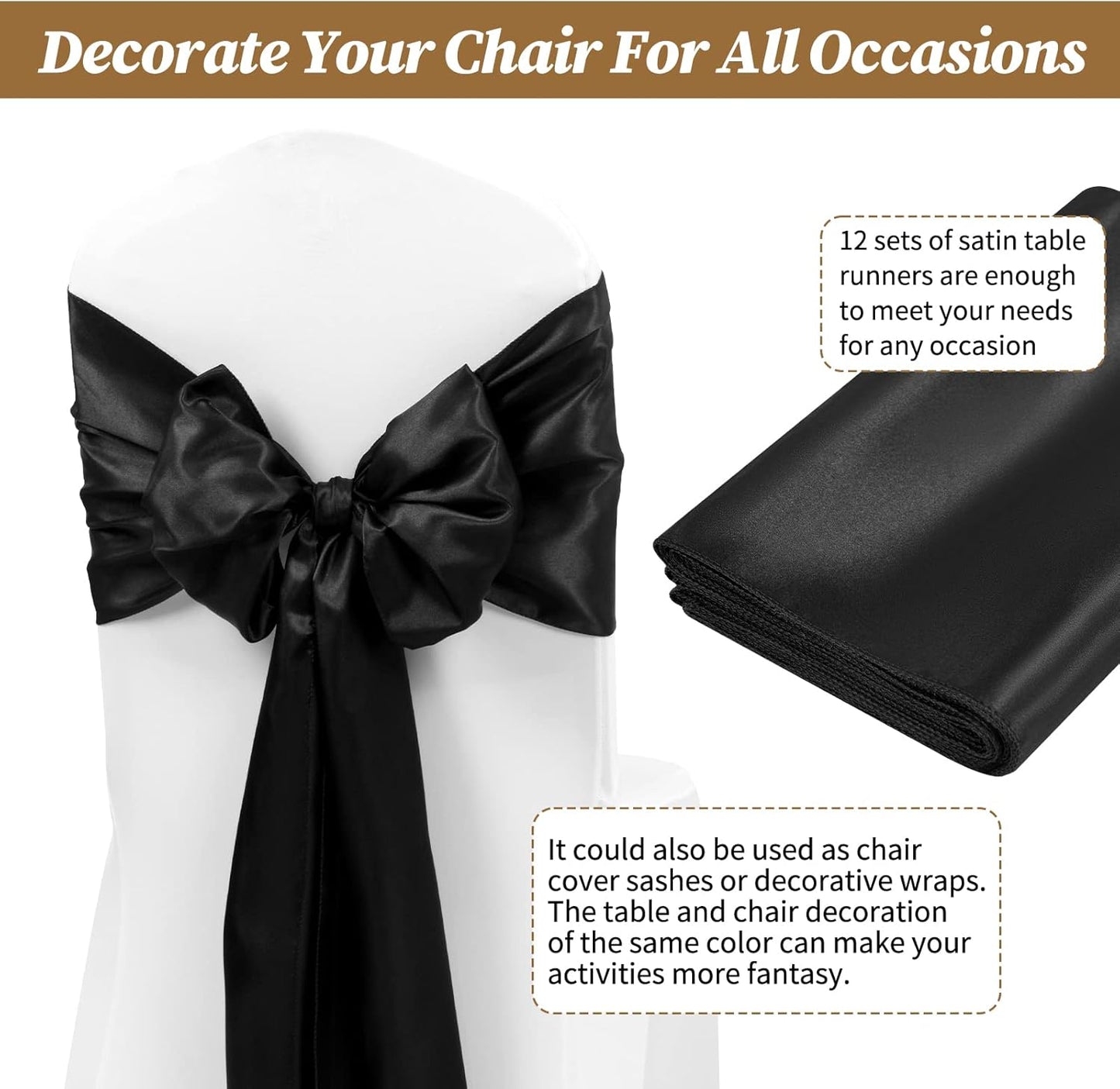 12 Pack Black Satin Table Runner,12 x 108 inch Long Premium Smooth Table Runner for Wedding, Banquets, Birthday, Party, Graduation, Engagements, Table Runners fit Rectangle and Round Table