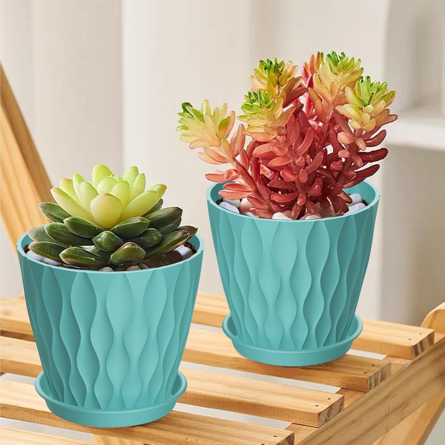 6 Pack 4 Inch Small Plant Pots with Saucers, Waffle Texture Plastic Planters with Drainage Holes for Indoor and Outdoor Plants, Flowers, Herbs, Succulents, and Seedlings, Blue