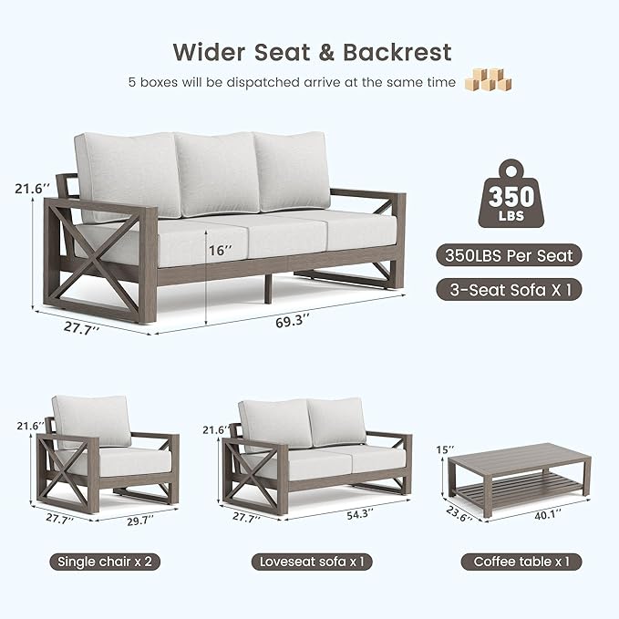 UDPATIO Aluminum Patio Furniture Set, Faux Wood Grain Modern Outdoor Furniture - Image 9