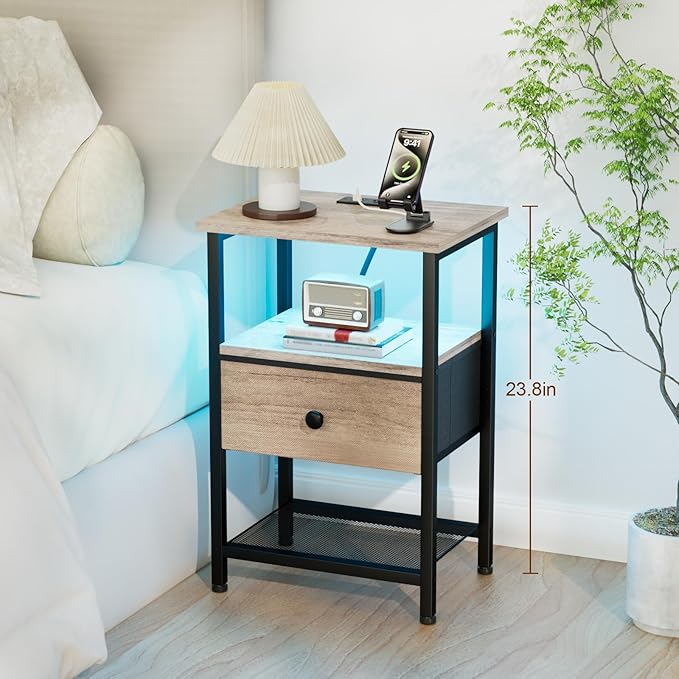 LOAKEKEL Nightstand with Charging Station, End Table with Fabric Drawer - Image 8