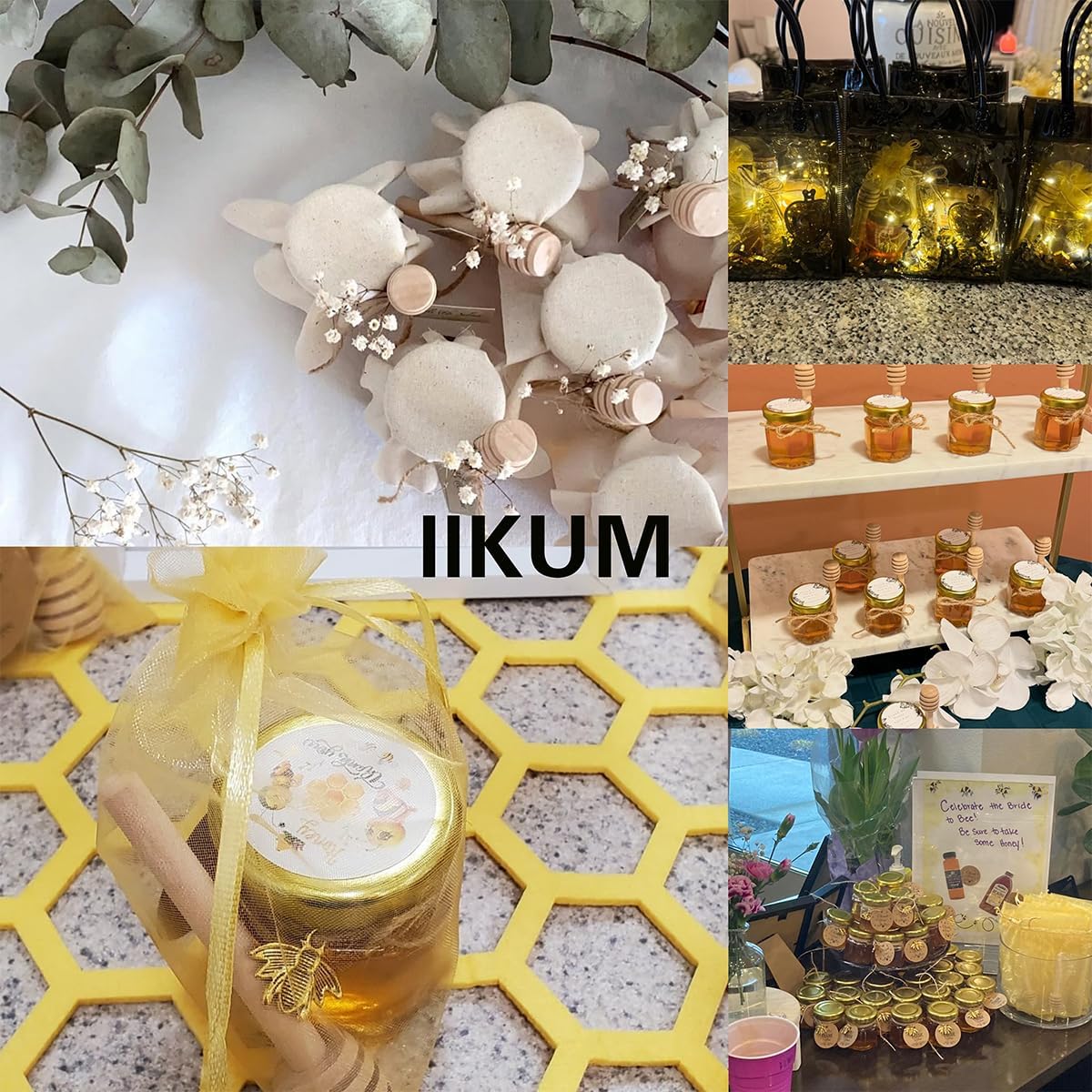 IIKUM 40 Pack Glass Honey Jars, 1.5 oz Hexagon Honey Pots with Lids, Dippers, Bee Pendants, Gift Bags, Thank You Cards, Jute and Stickers-Great Honey Jars Set for Baby Shower, Wedding and Party Favors