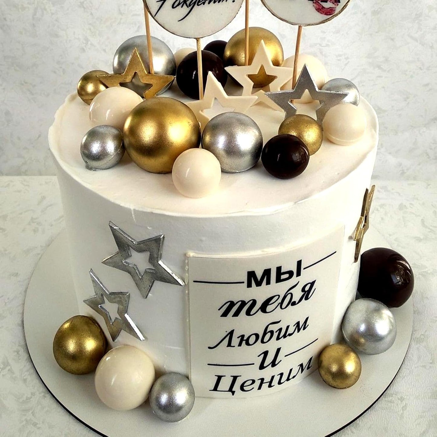 ASTARON 32 Pcs Ball Cake Topper Decorations Mini Balloons Cake Topper Sticks Foam Balls Cake Picks for Graduation Wedding Party Birthday Cake Decorations (Gold Silver Black)