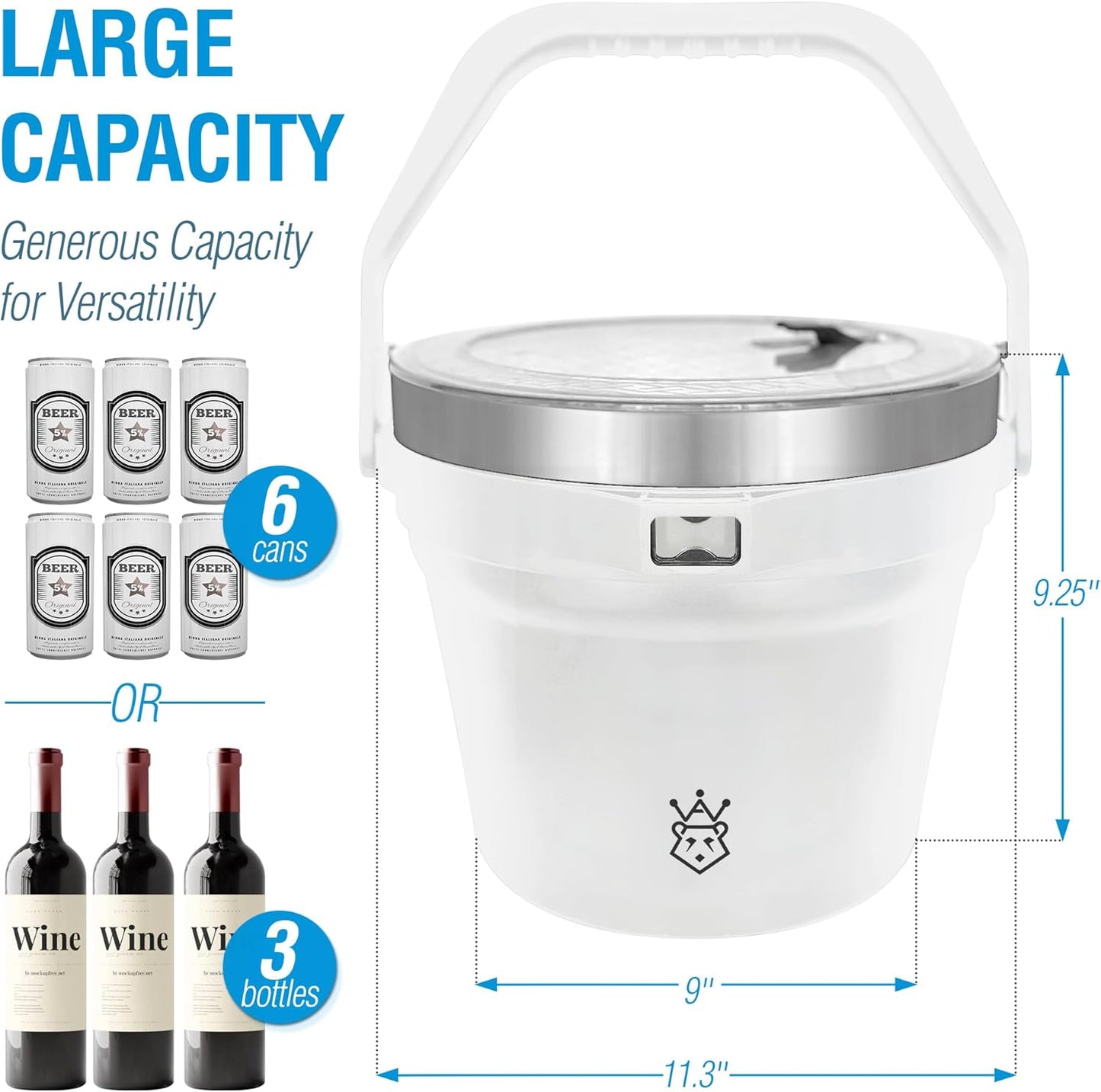 Insulated Ice Bucket with Lid & Scoop-XL Double-Walled, bar Essentials for Entertaining, Holiday Party, Stainless Steel Wine Chiller, Beverage Tub with Handle, Bottle Opener, Great Gift(White)