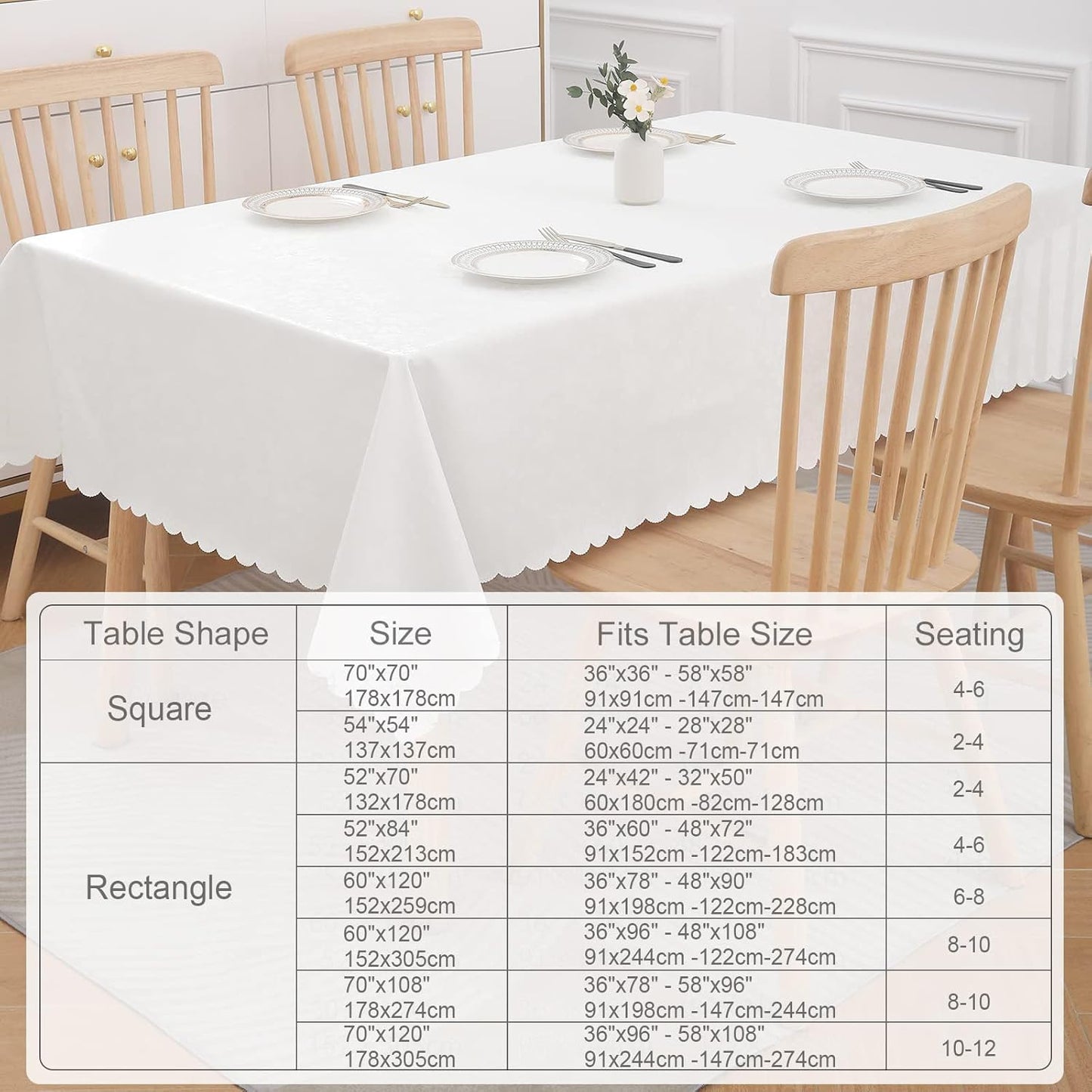 Smiry Rectangle Table Cloth, Waterproof Heavy Duty Vinyl Tablecloths, Wipeable Washable Table Cover for Kitchen and Dining Room (White, 60" X 140")