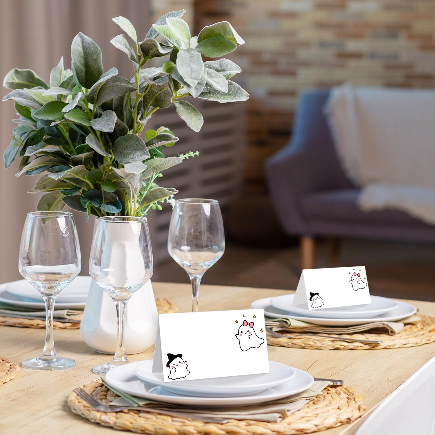 25 Pack Halloween Place Cards, Editable Name Cards for Table Setting, Cute Ghost Tent Cards Food Label for Dinner Party, Bridal Shower, Wedding, Baby Shower and Events -T37