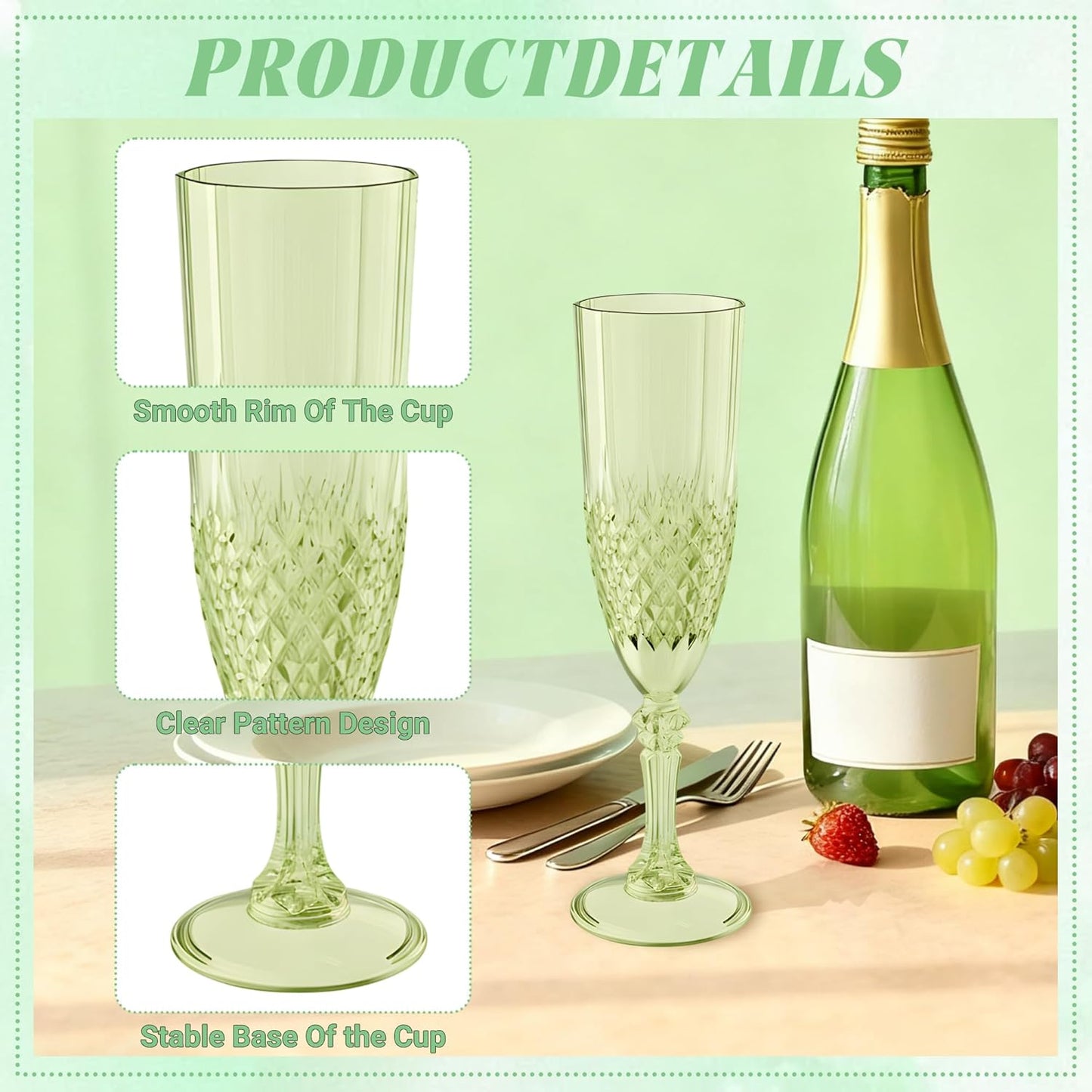 Plastic Champagne Flutes, 24PCS Green Wine Glasses Goblets Cups Reusable Flute, for Weddings Bachelor Parties Toasting and Events(24, Green)