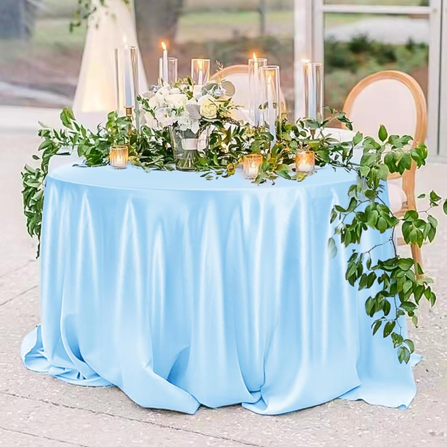 fani 12 Pack 120 Inch Light Blue Satin Tablecloth - Silky Round Tablecloth Overlay Smooth Fabric Table Cover, Bright Table Decoration for Wedding Party Banquet Events Restaurant Kitchen Dining