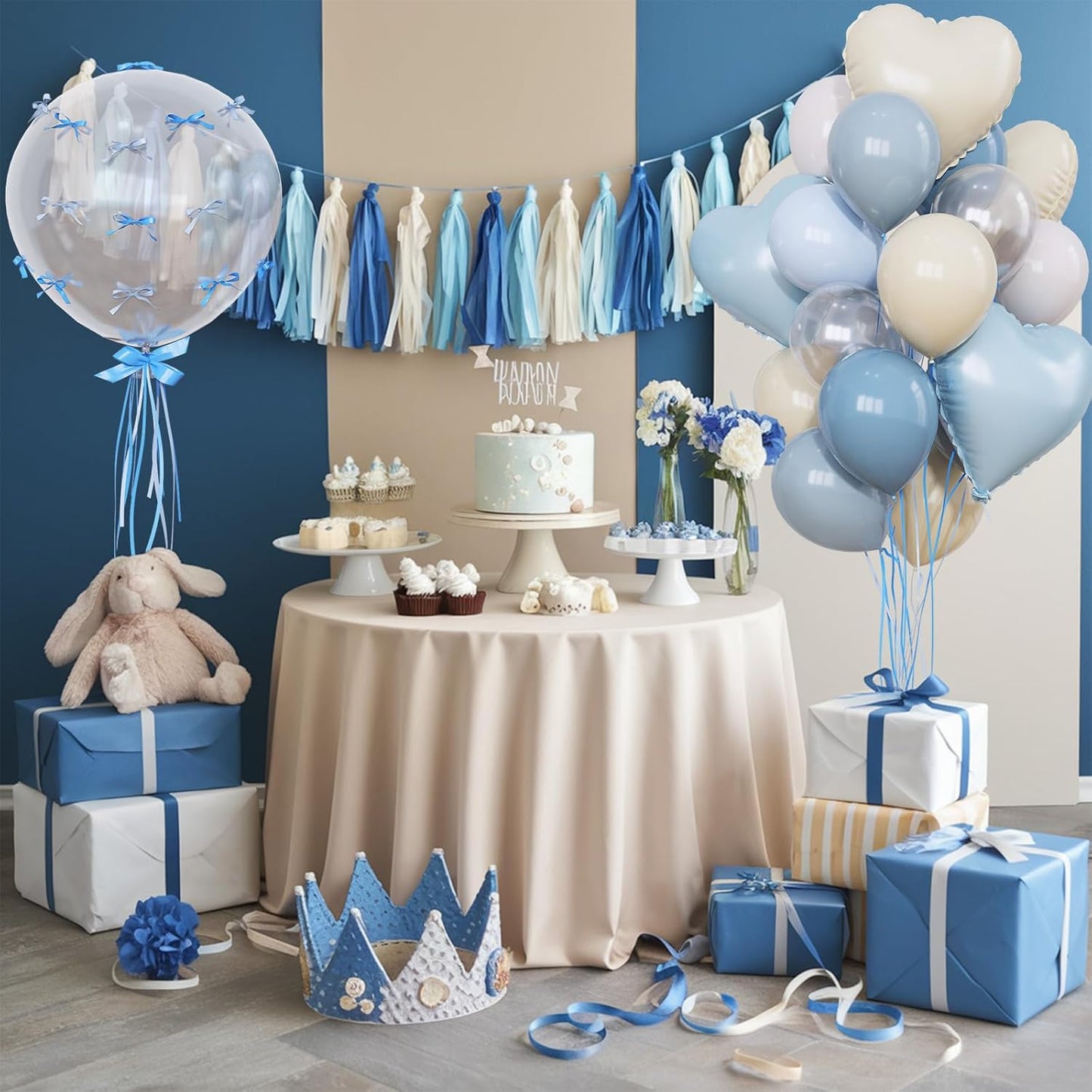 Blue Nude Balloons Heart Mylar Balloons, Happy Birthday Decoration for Boys Kids Baby Shower, Light Baby Dusty Blue Cream Balloon 18 in Clear Heart Shape Foil Balloon as Bride Christening Party Decor