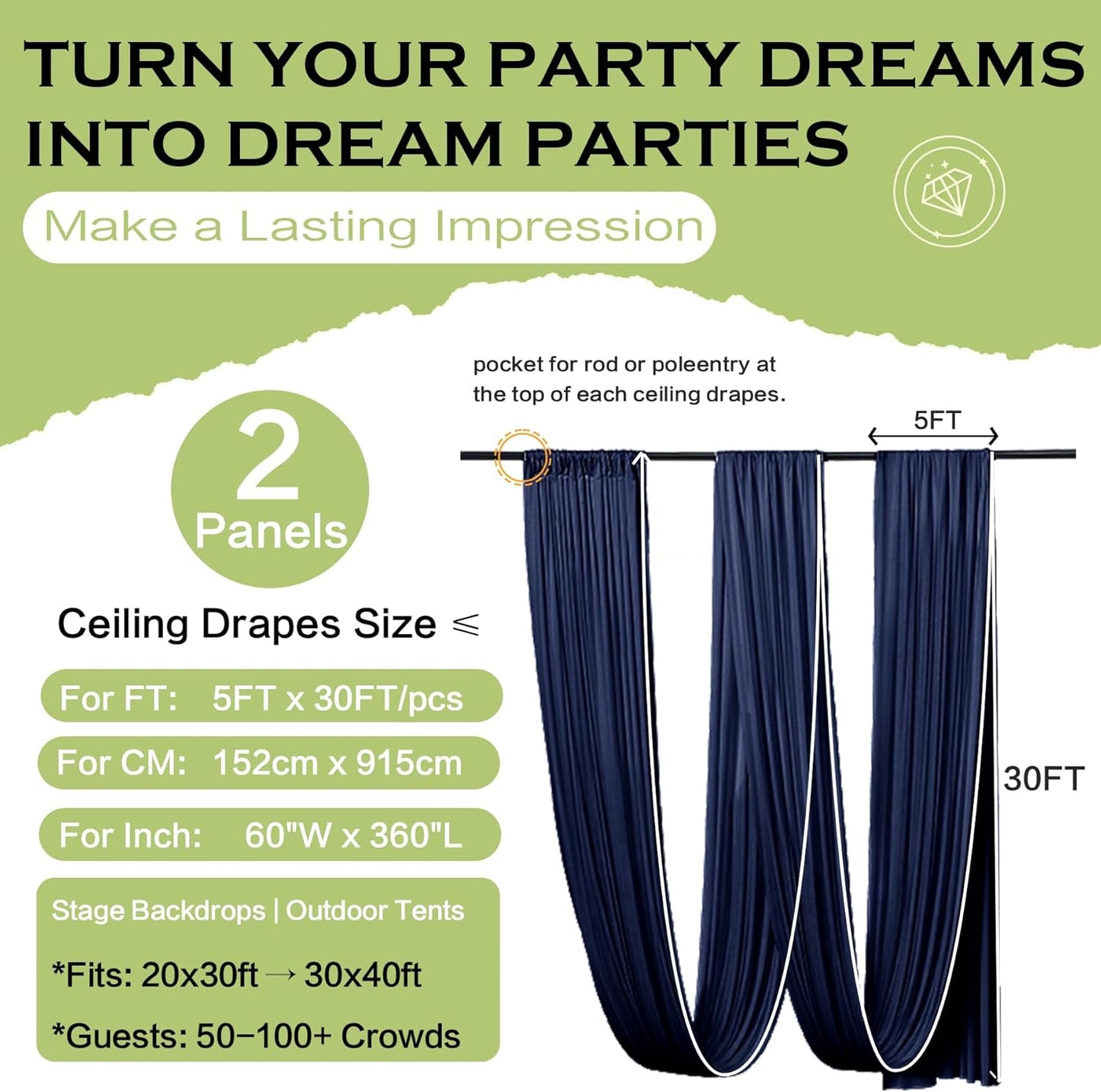 PartyVillage 2 Panels 5ftx30ft Navy Blue Ceiling Drapes for Wedding Parties â 30 FT Extra Long Thick Polyester Wrinkle-Free Drapery Tent Decor Decorations for Birthday Party Ceremony Stage Swag
