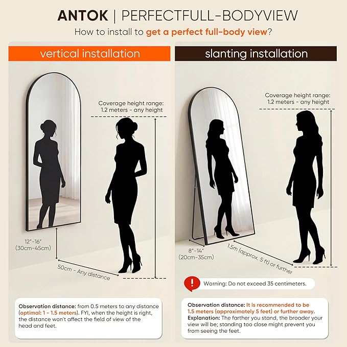 Antok 81" x41” Arched Full Length Floor Mirror, Free Standing/Wall Mount/Leaning - Image 9