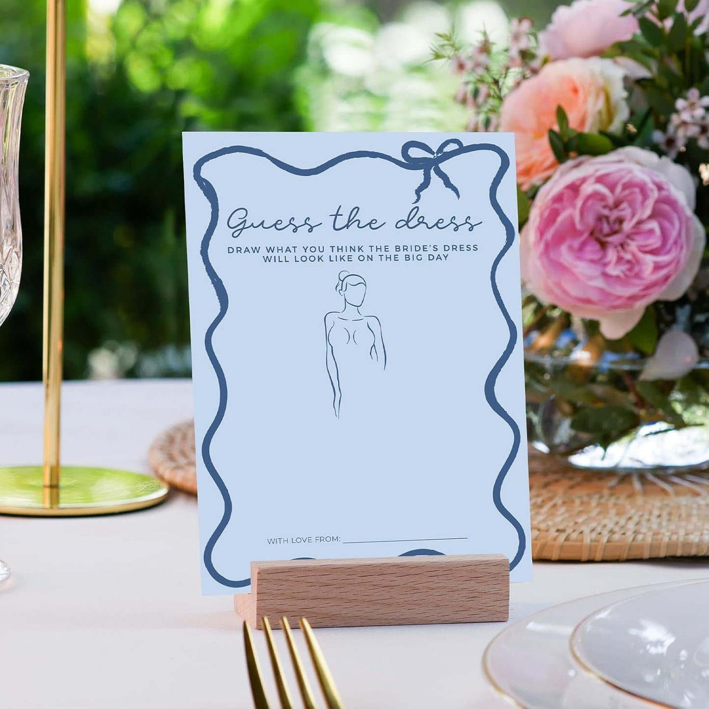 DEEKA 30 PCS Bridal Shower Games Card for 30 Guests Blue Wavy Border Ribbon Bow Funny Wedding Bachelorette Party Games for Reception (Guess The Dress)