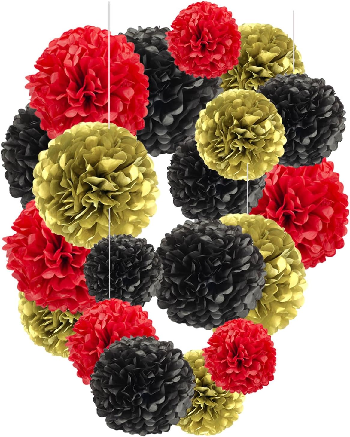 Black and Red and Gold Paper Pom Poms,10",12" Tissue Pom Poms for Party Hanging Decorations - 12 PCS