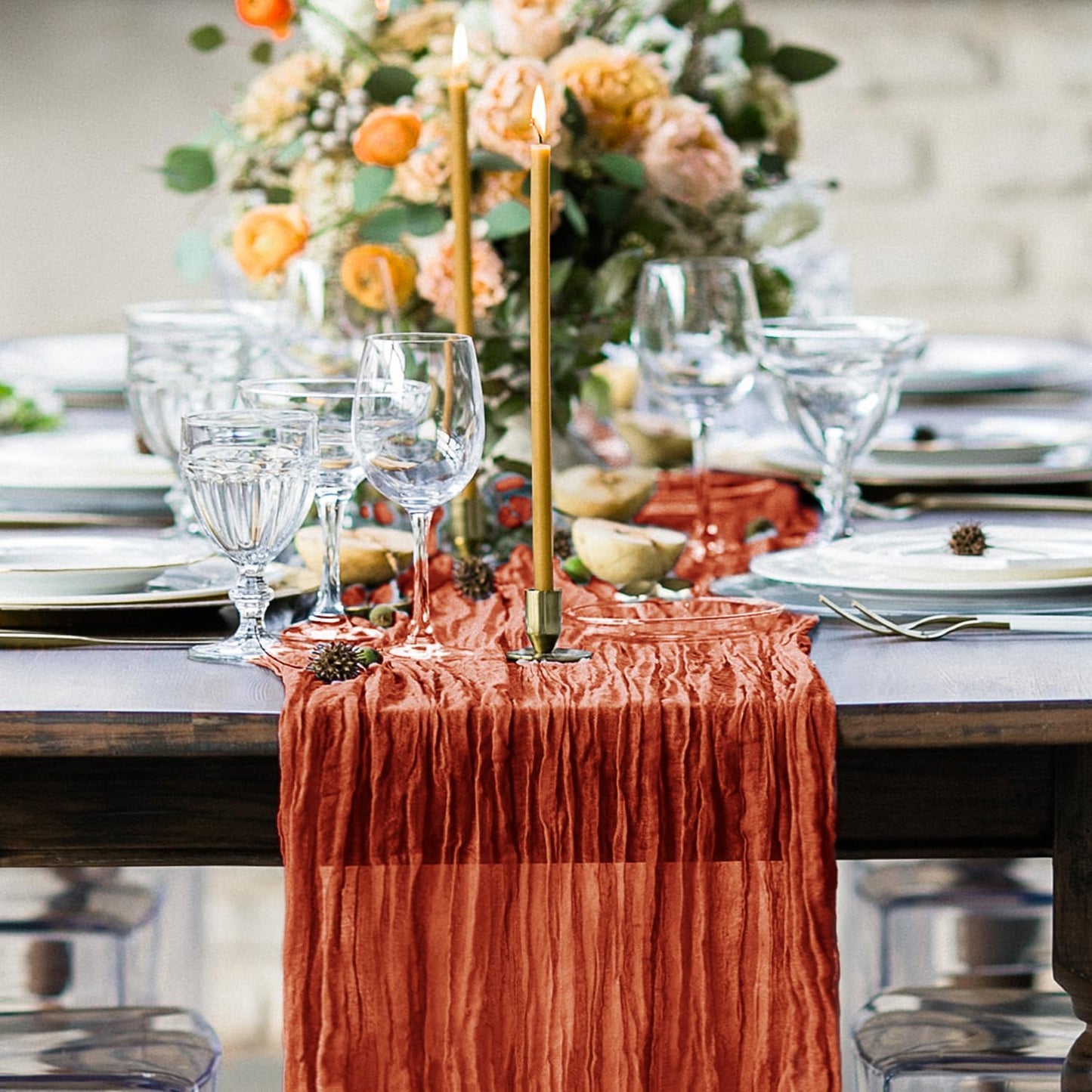 Hahuho Terracotta Cheesecloth Table Runner 10ft, Gauze Boho Rustic Table Runners for Wedding Birthday Party Baby Shower Decorations(6 Pack , 35x120 Inches)