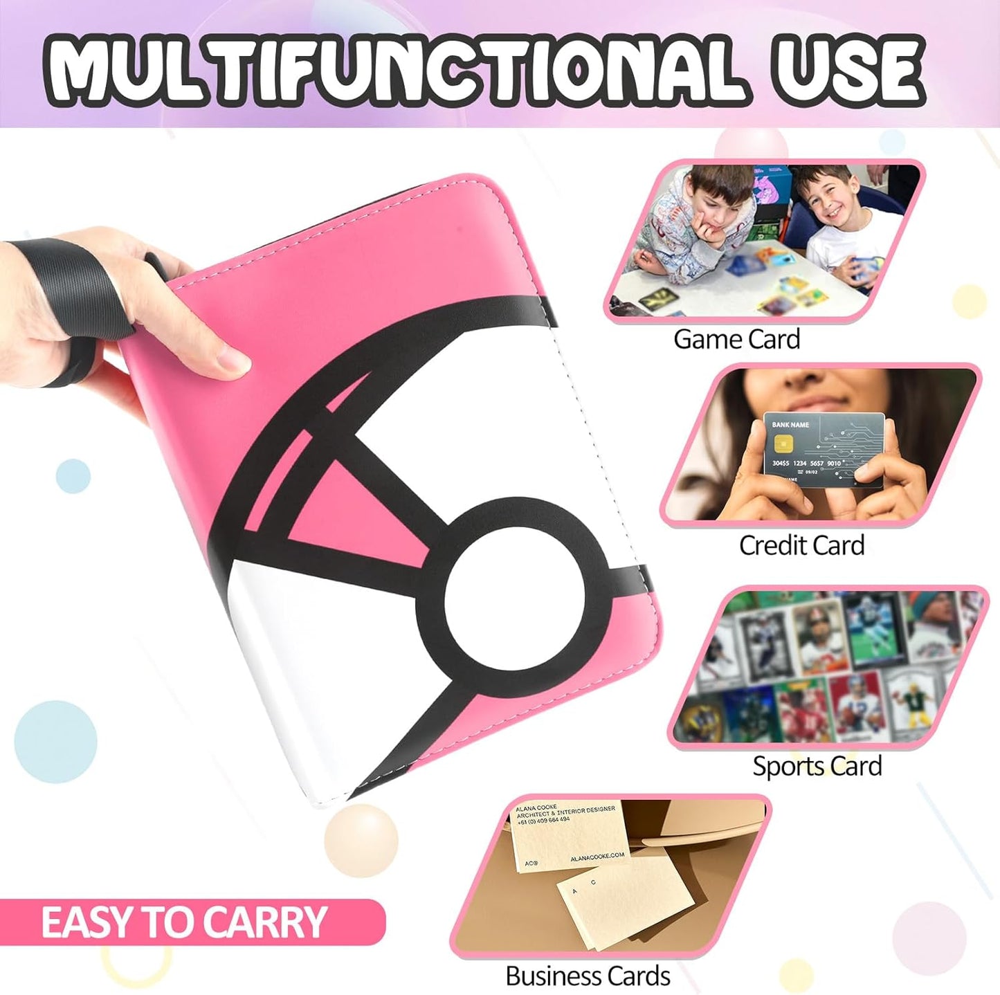 Trading Card Binder 4-Pockets, 400 Pockets Card Holder with 50 Removable Sleeves, Large Capacity & Waterproof Zipper Album Holder for Trading Card Collector,Portable Card Album Book for Card-Pink
