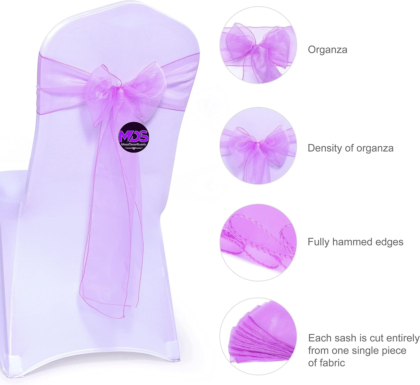 MDS Pack of 200 PCS Organza Chair Sashes Wider Dining Chair Bows Ribbon Tie Back for Wedding Party Birthday Bridal Shower Reception Event Banquet Home Chair Cover Decoration - Light Purple