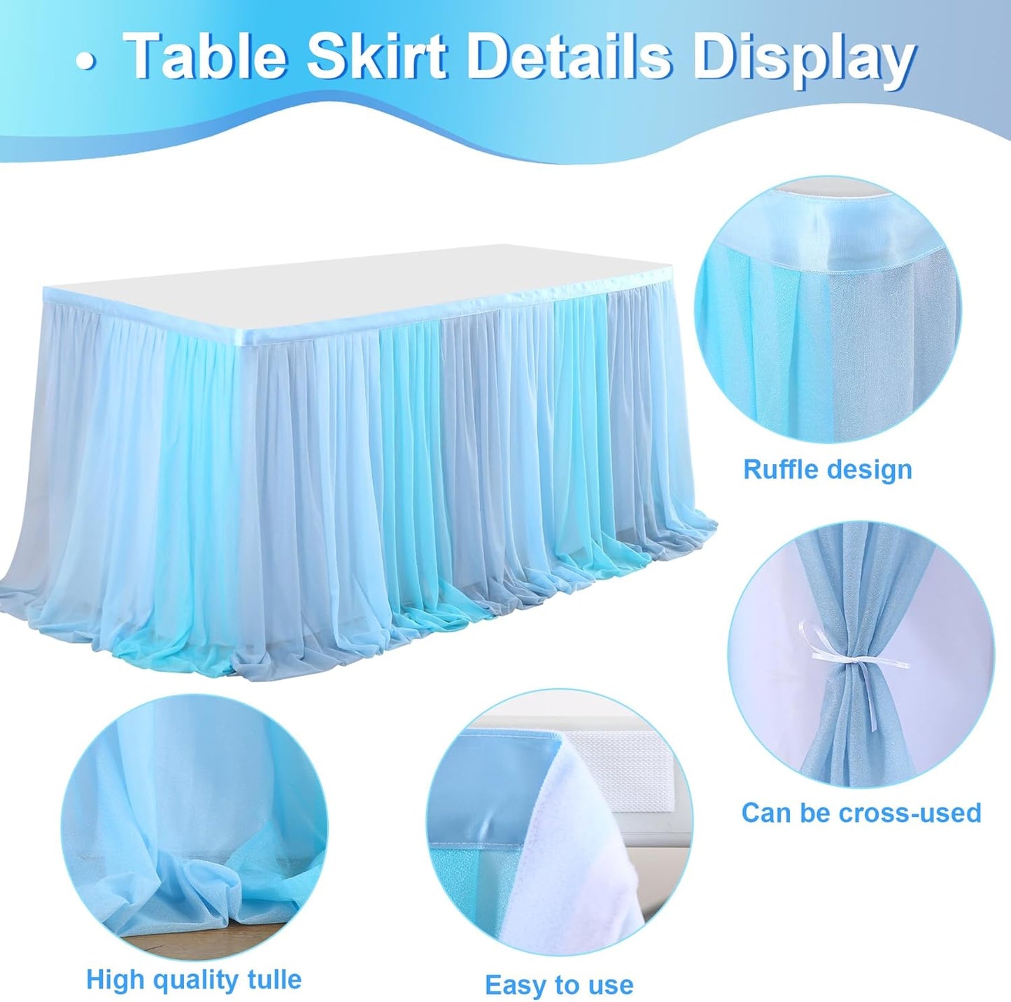 Frozen Theme Party Tulle Table Skirt for Rectangle Tables 6ft Ocean Blue Ruffle Tutu Table Cloth Cover for Winter Wonderland Baby Shark Baby Shower Birthday Party Wedding Decorations