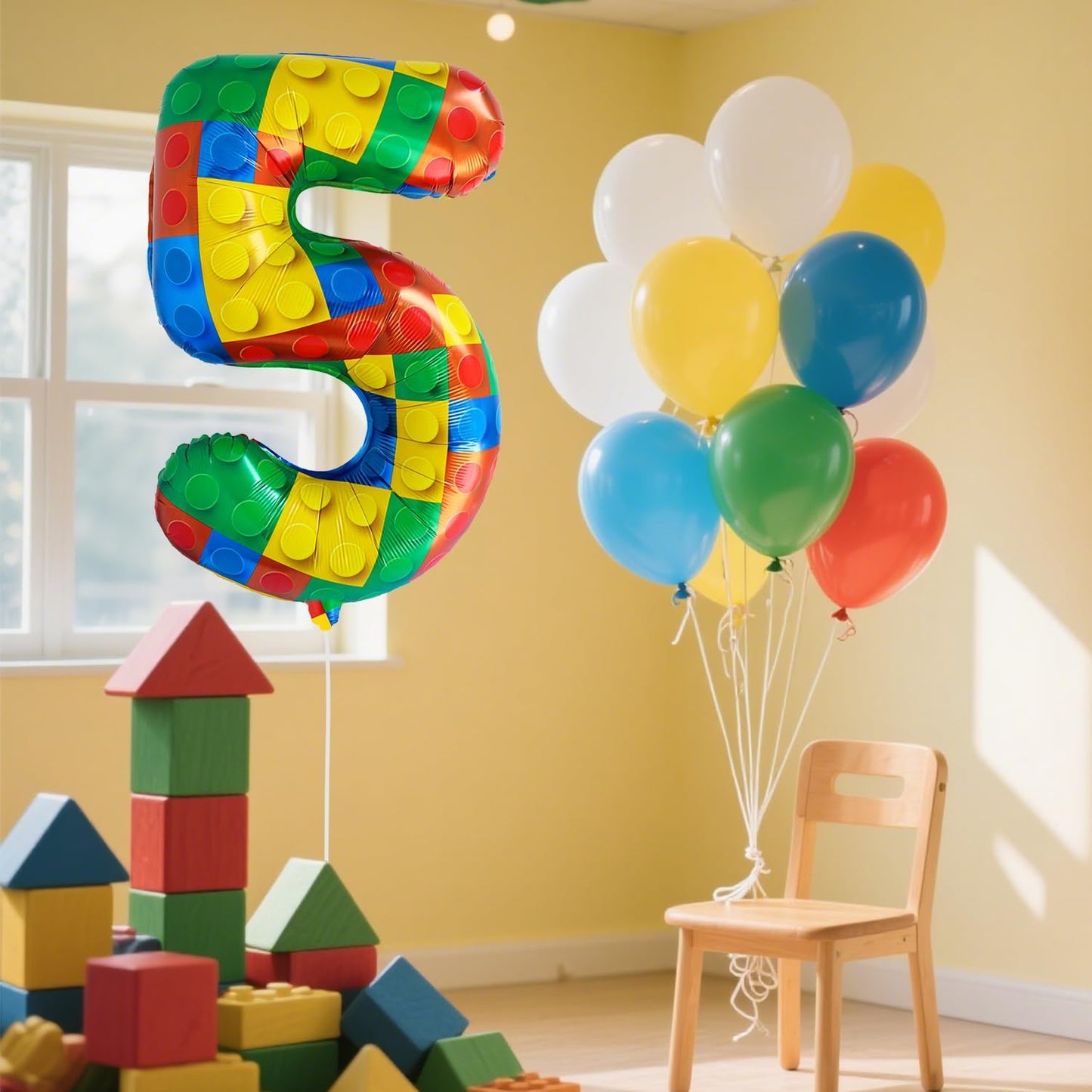 32 Inch Stackable Block Number Balloon – Colorful Brick Building Themed Big Helium Digits for Kids Birthday Party Decorations (Building Block, Number 5)