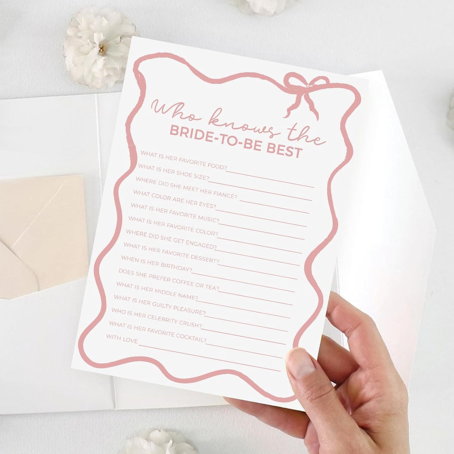 DEEKA 30 PCS Bridal Shower Games Card for 30 Guests White Pink Wavy Border Ribbon Bow Funny Wedding Bachelorette Party Games for Reception (Who Knows The Bride-to-be Best)
