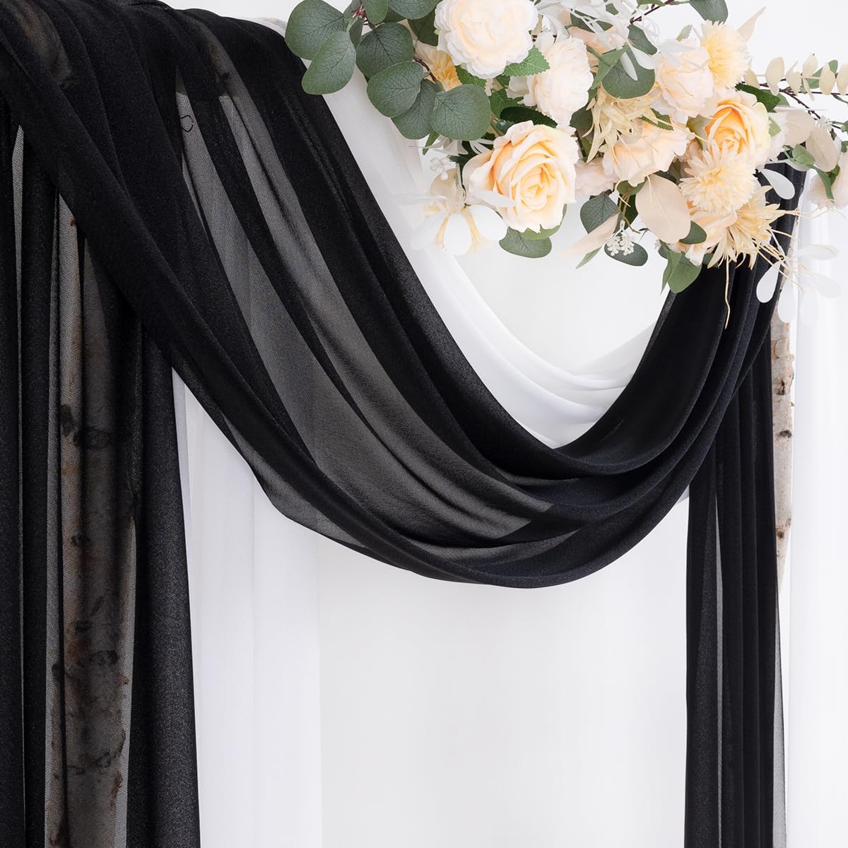 Socomi Wedding Arch Draping Fabric 29" x 20Ft 2 Panels Black and White Sheer Outdoor Curtain Drapes Extra Long for Bridal Baby Shower Birthday Party Decor
