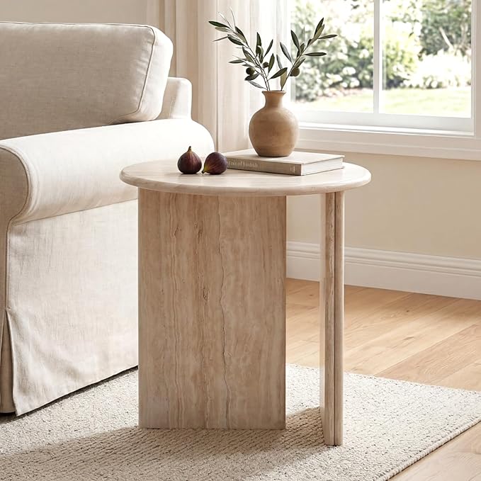 HNY Small Round Side Table Marble Veneer Wood Bedside Table 18" Modern End - Image 9