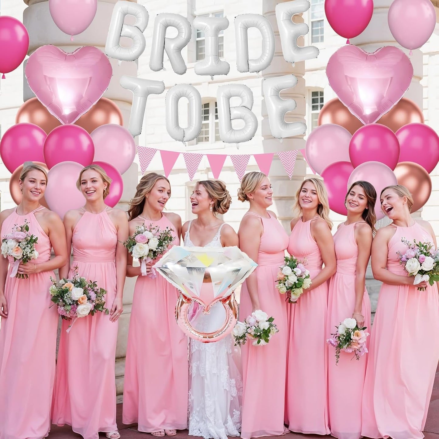 Pink White Bachelorette Party Decorations, White Bride To Be Bridal Shower Balloons Decorations, Hot Pink Rose Gold Balloons with Diamond Ring Cream Heart Balloons for Bachelorette Engagement Wedding
