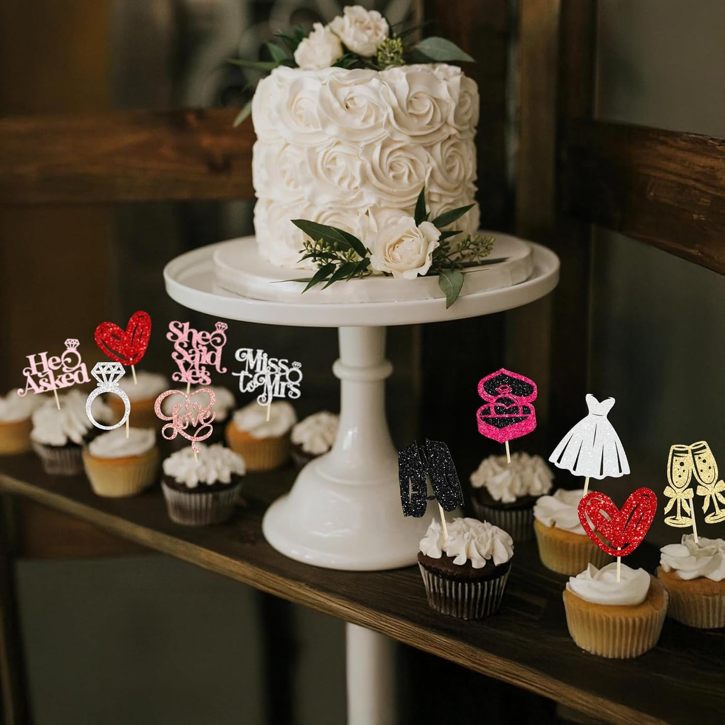Gyufise 30Pcs She Said Yes Cupcake Toppers Glitter Diamond Ring I Do Love Cupcake Picks Miss to Mrs He Asked Bridal Shower Wedding Engagement Bachelorette Cake Decoration Multicolor