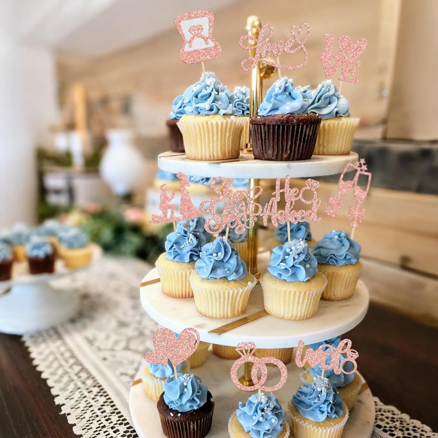 Ephlyn 30Pcs He Asked She Said Yes Cupcake Toppers Glitter Engagement Cupcake Toppers Diamond Ring Heart Love I Do Cupcake Picks for Engagement Wedding Party Cake Decorations Rose Gold