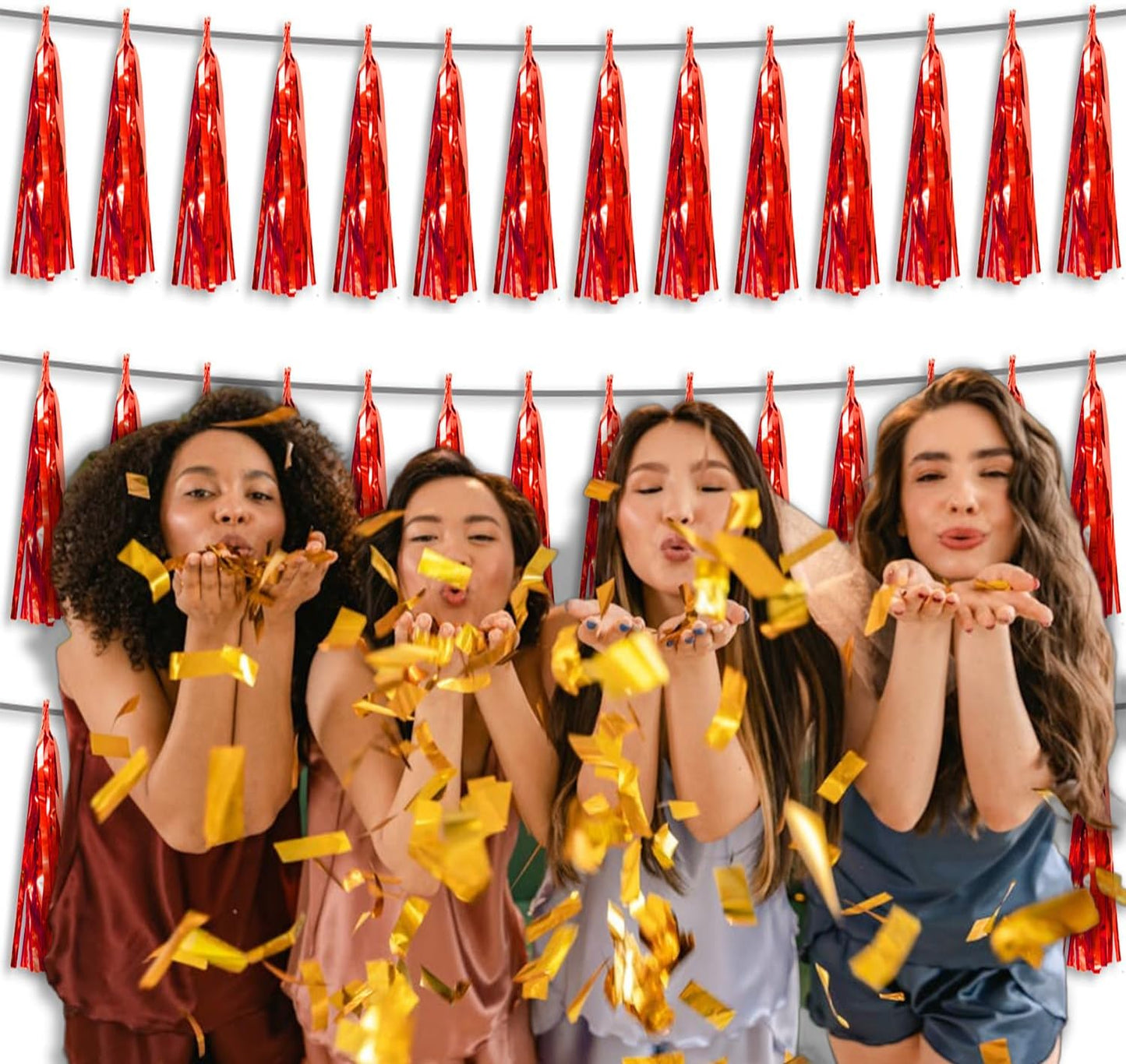 3P Metallic Fringe Tassel Banner Garland Foil Tinsel Streamer Wall Hanging Curtain Backdrop Banner for Parade Floats,Graduation Decorations, Wedding Party Decoration(Red)